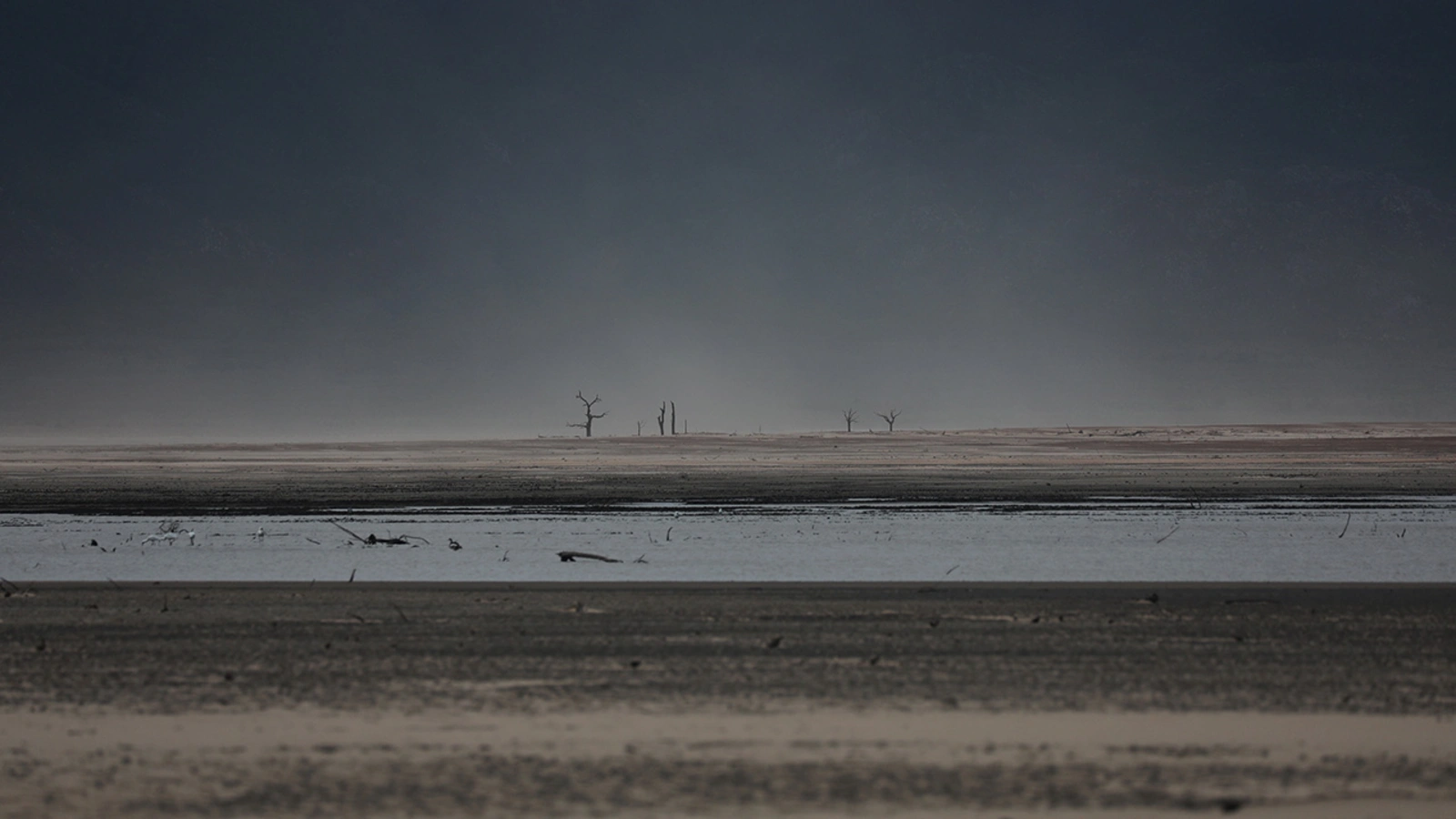 Sand blows across a normally submerged area at Theewaterskloof dam near Cape Town.