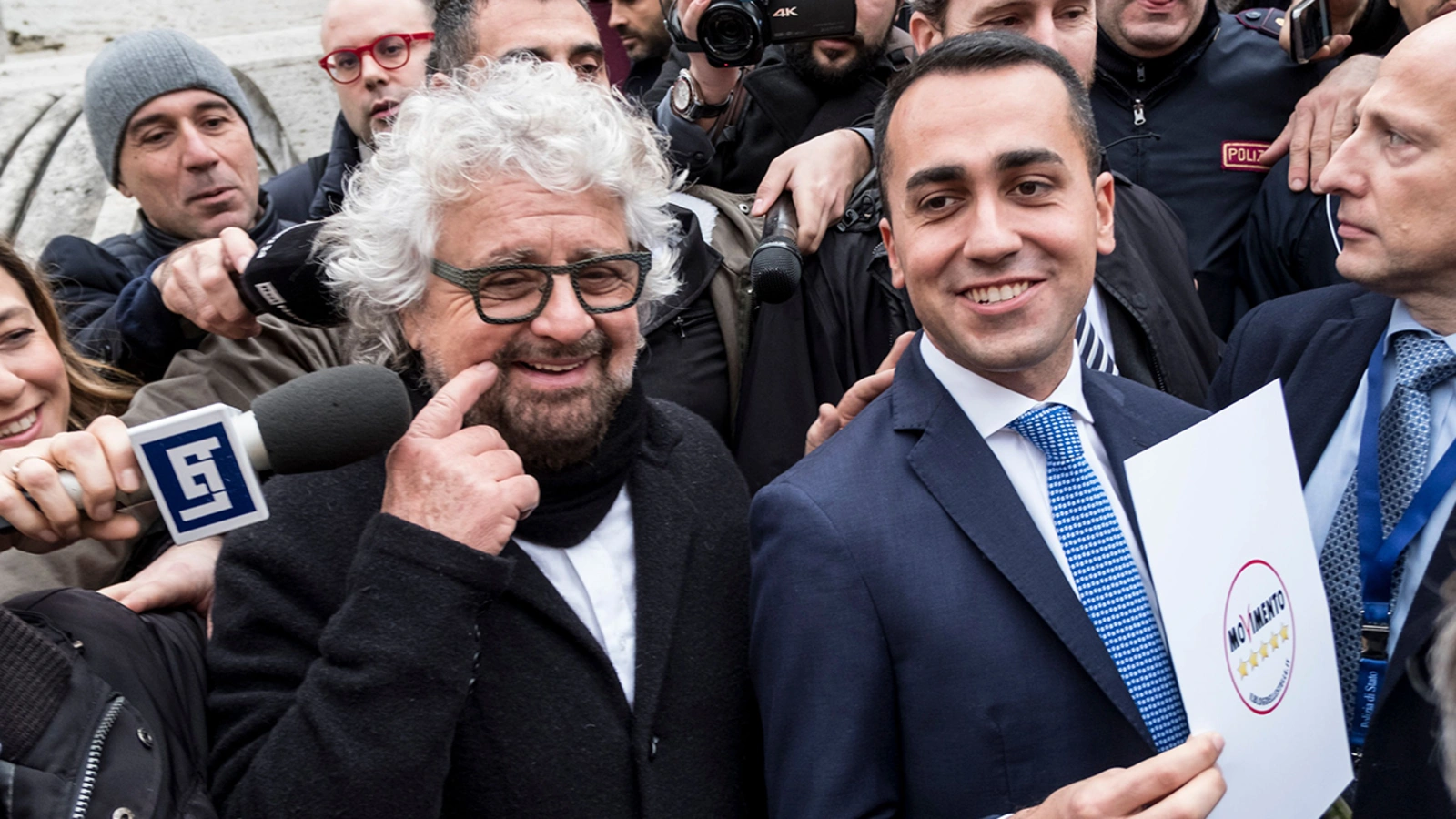 Five Star Movement leader Luigi Di Maio poses with the party's founder, Beppe Grillo, in January 2018.