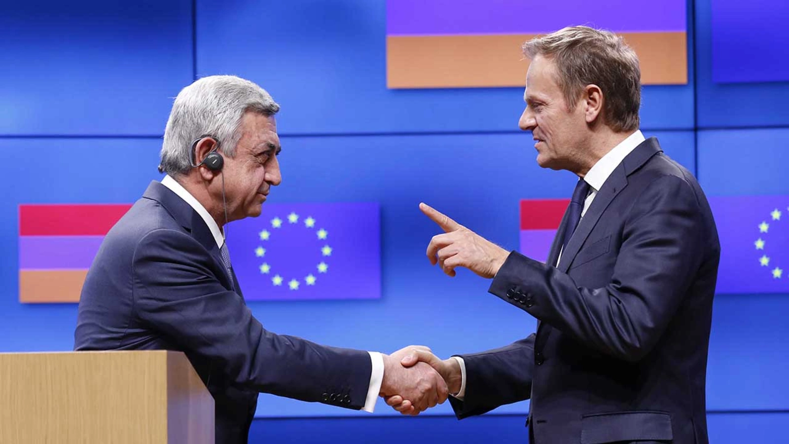 Armenian President Serzh Sargsyan and EU Council President Donald Tusk hold a joint press conference in Brussels on February 27, 2017.