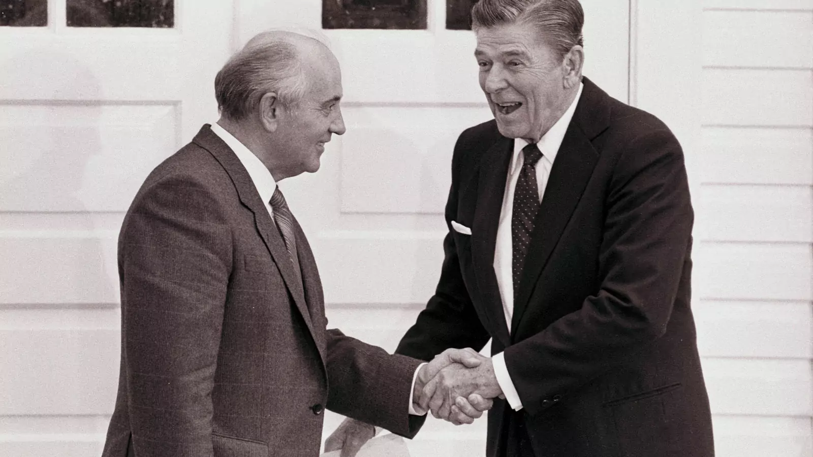 Reagan and Gorbachev shake hands after their talks in Reykjavik.