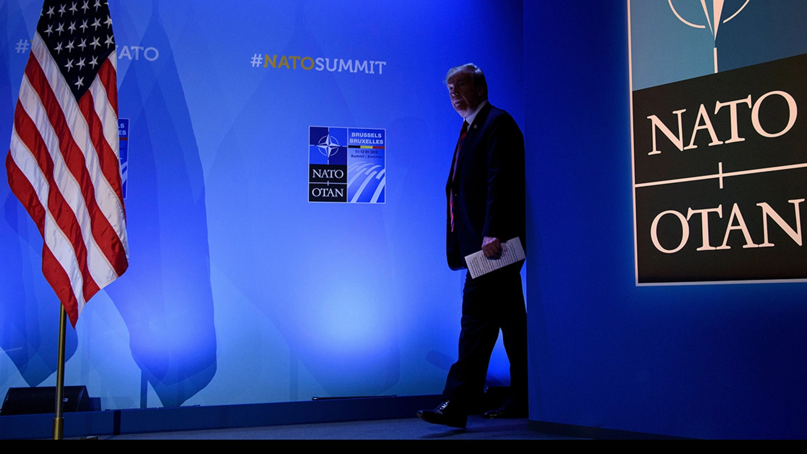 U.S. President Donald Trump arrives for a press conference on the second day of the NATO summit in Brussels on July 12, 2018. 