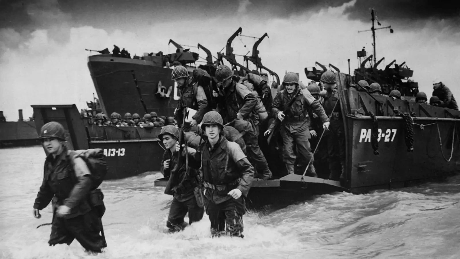 Troops disembark from a barge during the allied landings in Normandy, France, on June 6, 1944. The landings were a turning point in the allied campaign against Nazi Germany in World War II.