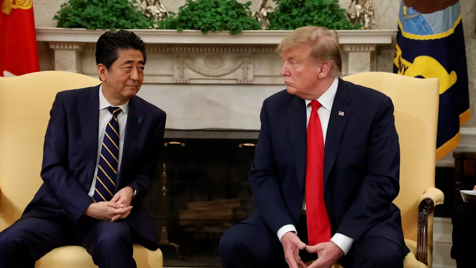 U.S. President Donald Trump meets with Japan's Prime Minister Shinzo Abe in the Oval Office at the White House in Washington, U.S., April 26, 2019. 