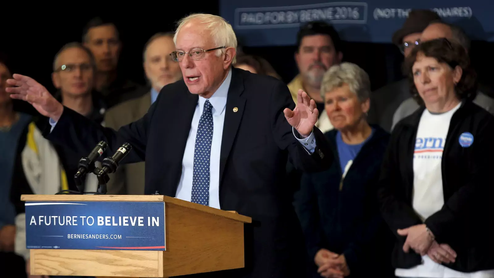 U.S. Democratic presidential candidate Bernie Sanders speaks at a news conference where he spoke about his opposition to the Trans-Pacific Partnership in Concord, New Hampshire, February 3, 2016.