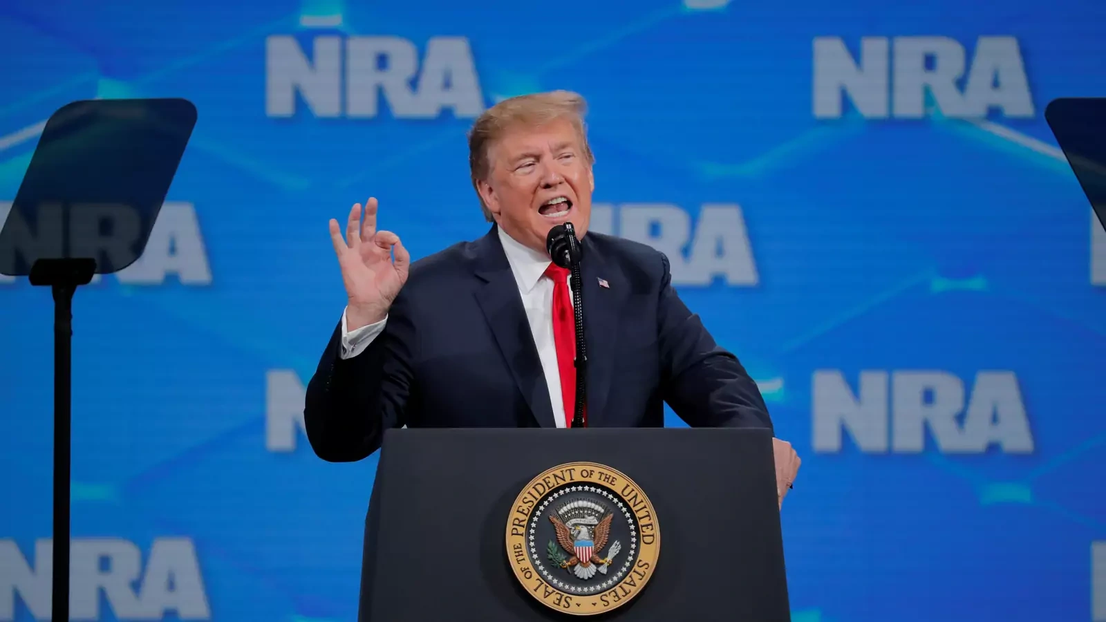 U.S. President Donald Trump gestures as he addresses the 148th National Rifle Association (NRA) annual meeting in Indianapolis, Indiana, U.S., April 26, 2019.