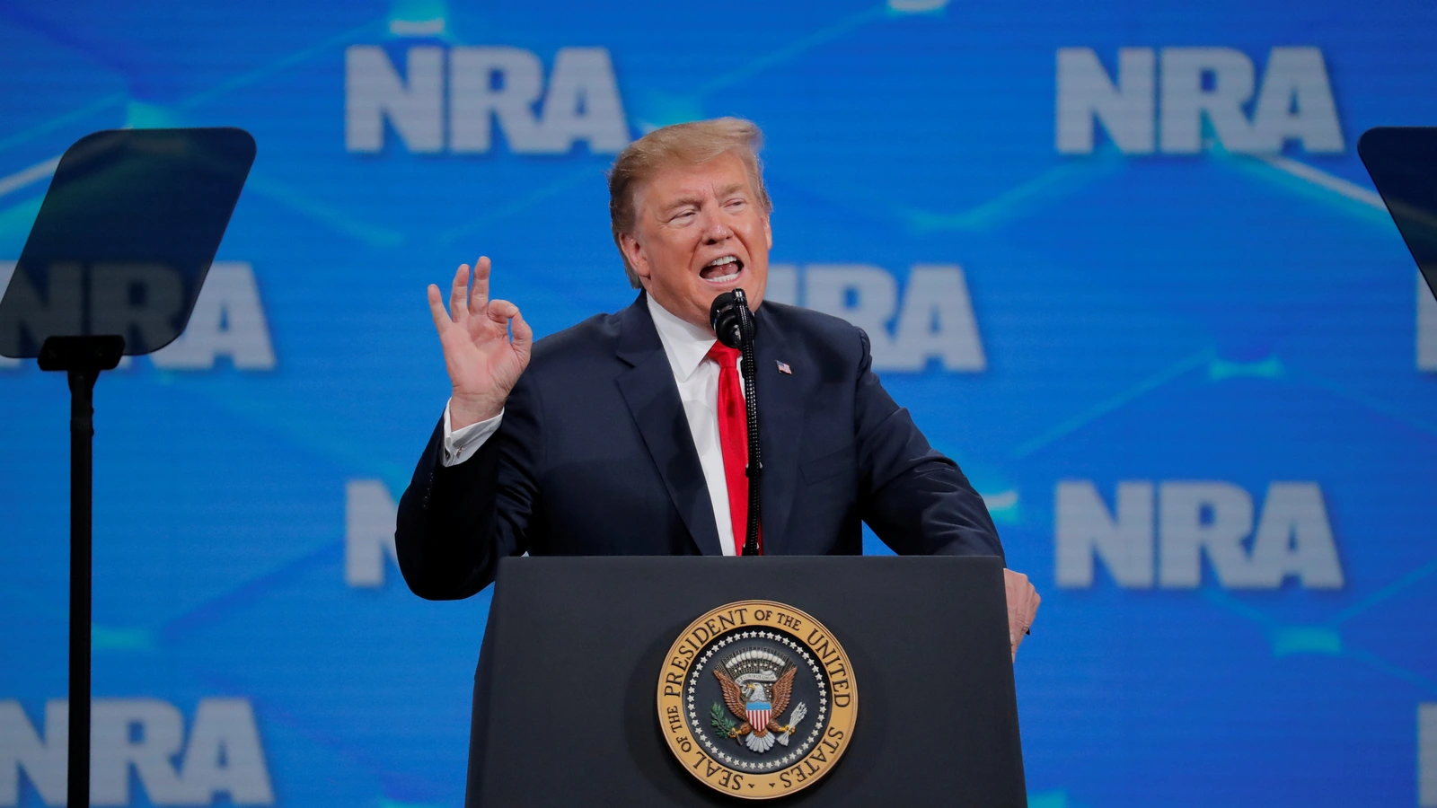 U.S. President Donald Trump gestures as he addresses the 148th National Rifle Association (NRA) annual meeting in Indianapolis, Indiana, U.S., April 26, 2019.