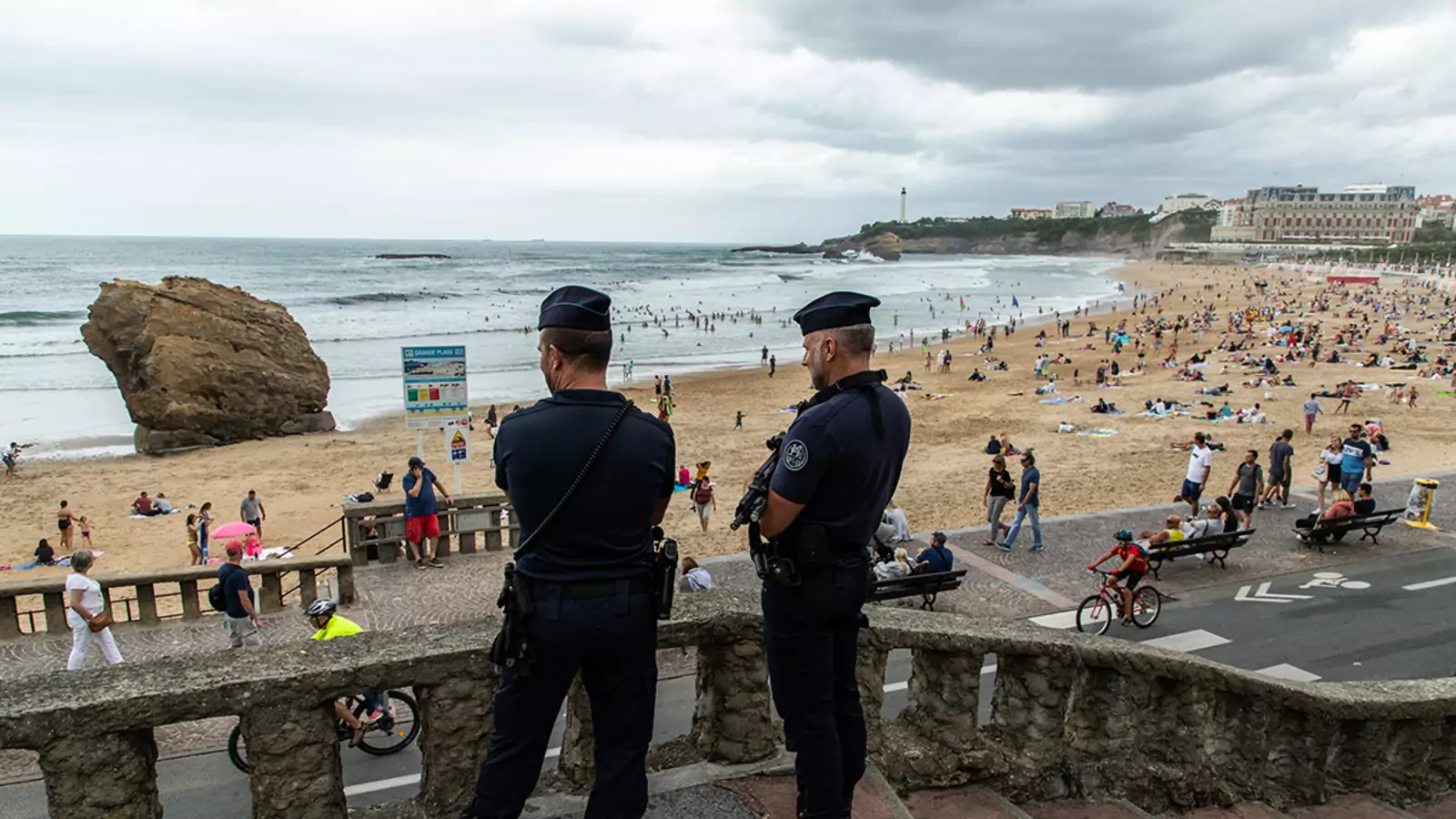 Police officers patrol the beach in Biarritz, France, ahead of the G7 summit.
