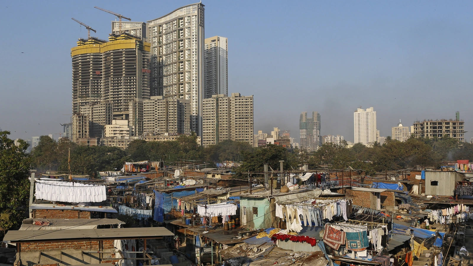 A laundry and high-rise buildings in Mumbai, India