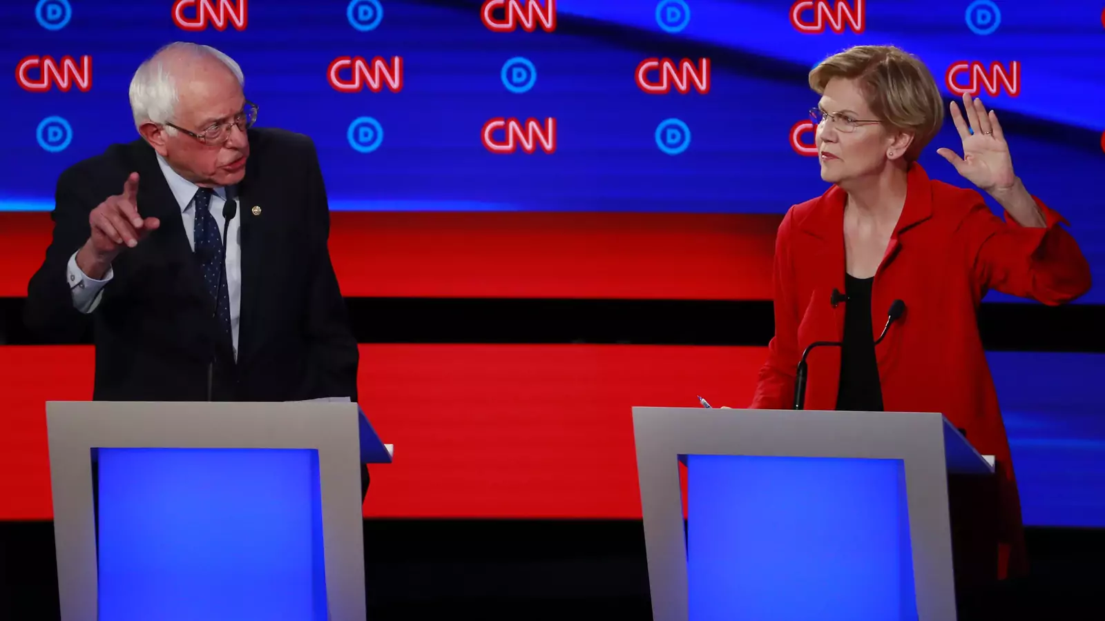 U.S. Senator Bernie Sanders and U.S. Senator Elizabeth Warren participate in the first night of the second 2020 Democratic U.S. presidential debate in Detroit, Michigan, on July 30, 2019.