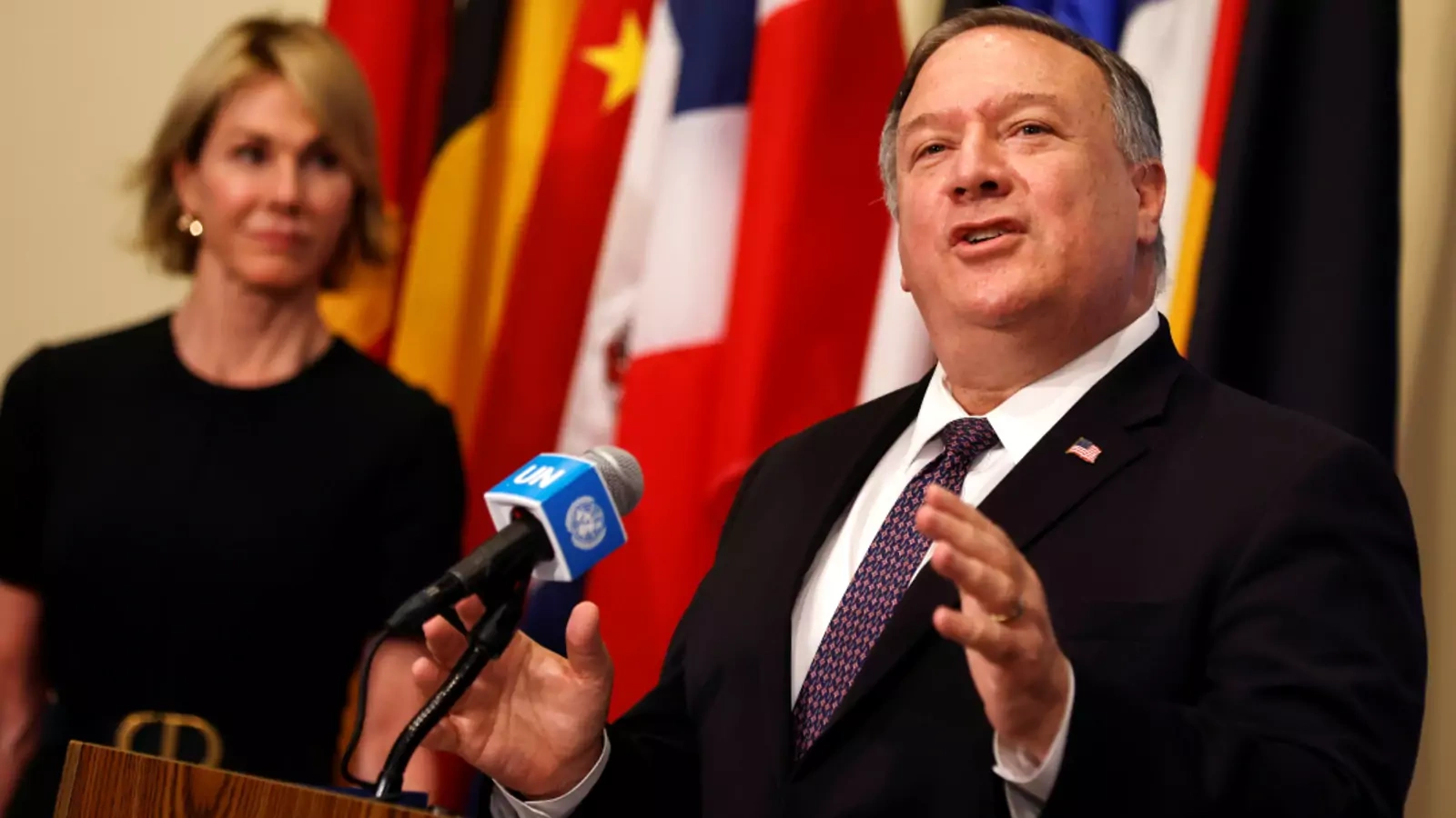 U.S. Secretary of State Mike Pompeo speaks to reporters following a meeting with members of the UN Security Council.