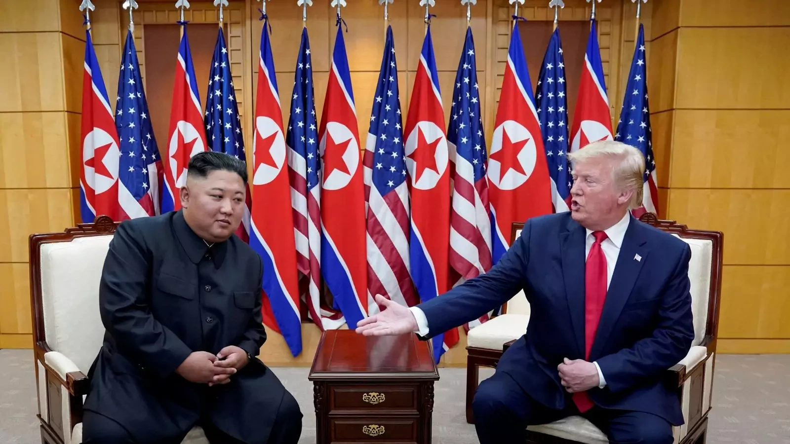 U.S. President Donald J. Trump meets with North Korean leader Kim Jong Un at the demilitarized zone separating the two Koreas, in Panmunjom, South Korea on June 30, 2019. 
