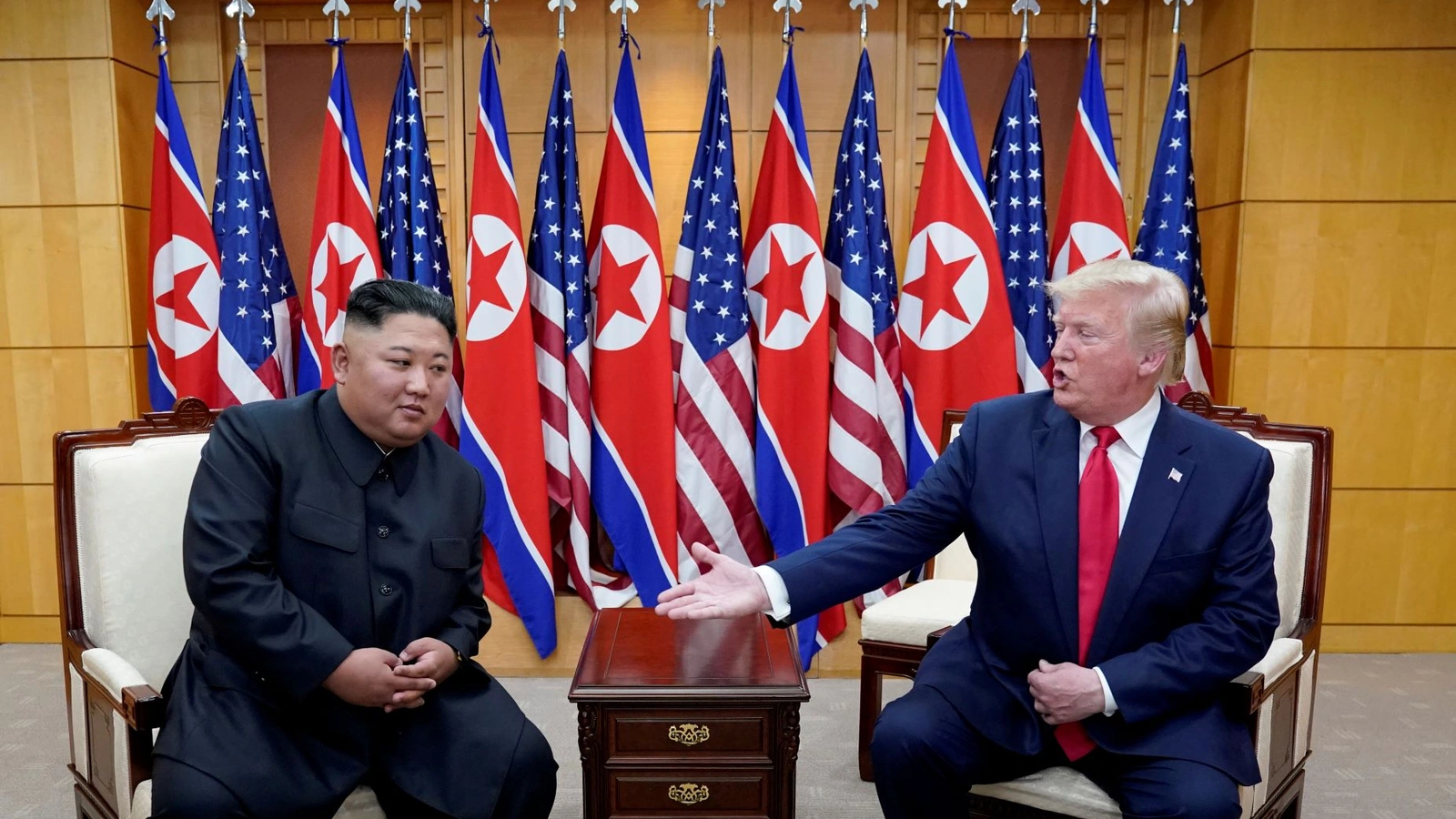 U.S. President Donald J. Trump meets with North Korean leader Kim Jong Un at the demilitarized zone separating the two Koreas, in Panmunjom, South Korea on June 30, 2019. 