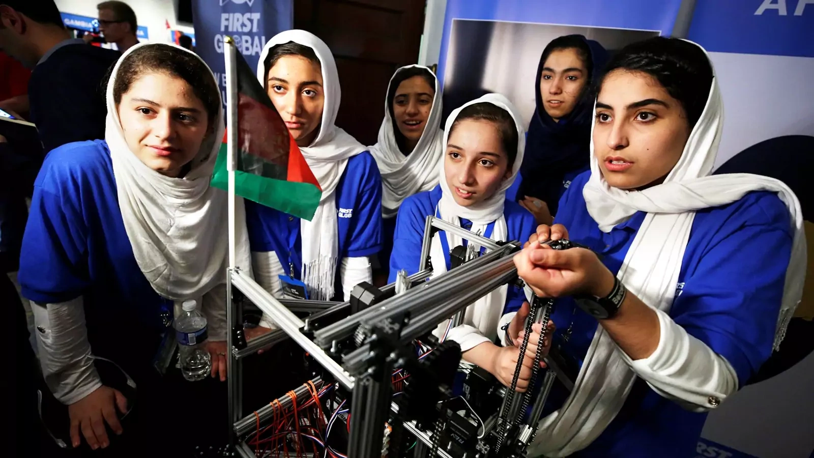 An all-girls team from Afghanistan at the international Robot Olympiad in Washington, DC in 2017. 