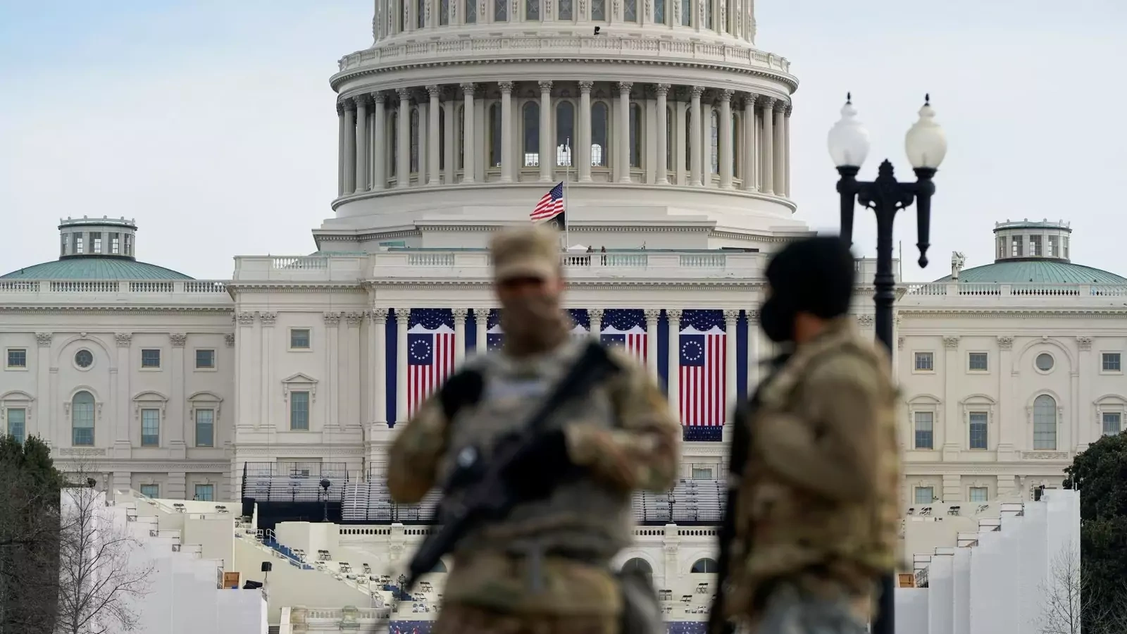 National Guard members stand guard outside the U.S. Capitol ahead of U.S. President-elect Joe Biden's inauguration, in Washington, DC, on January 17, 2021.