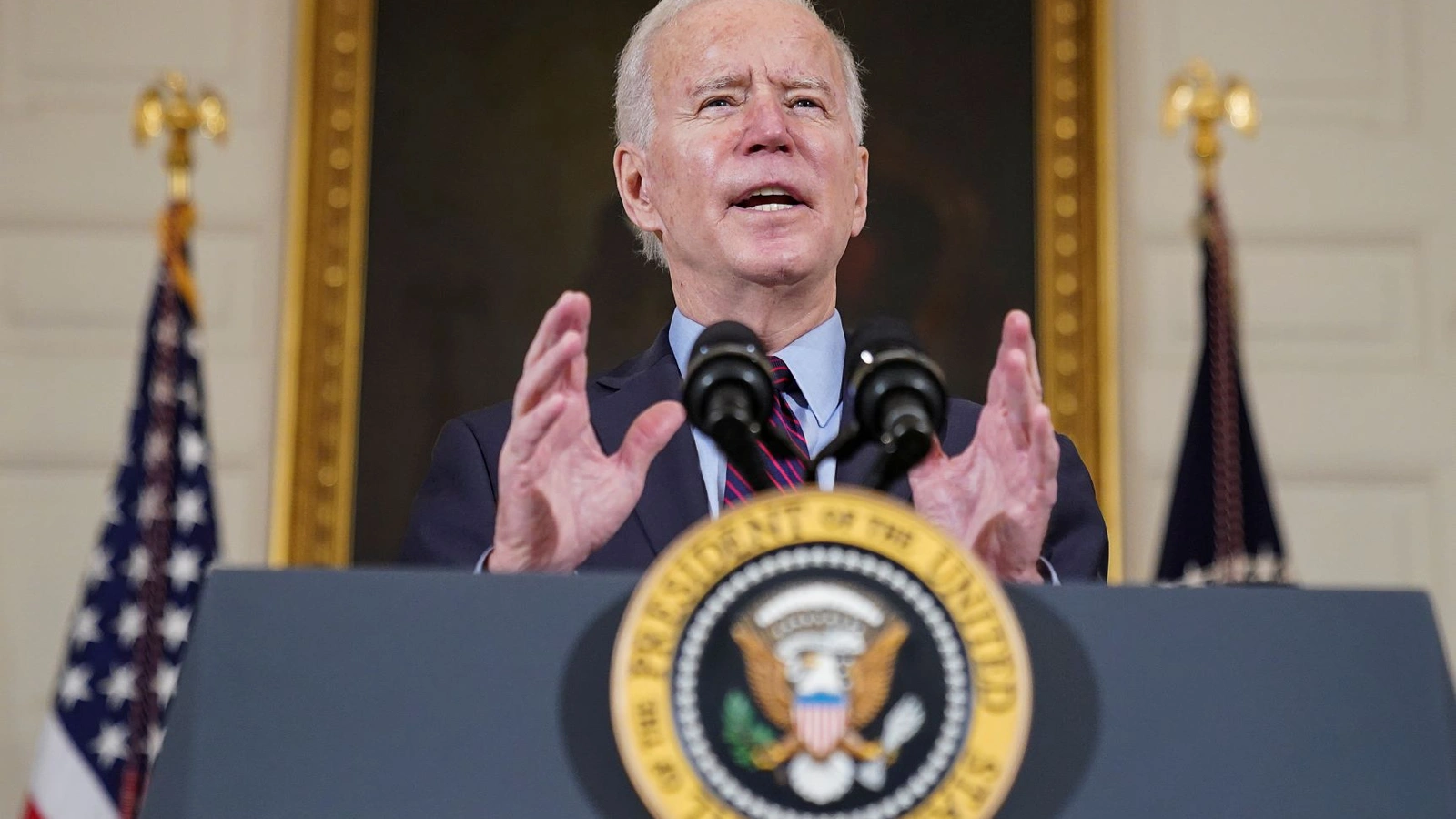 U.S. President Joe Biden delivers remarks in the State Dining Room at the White House in Washington, U.S., on February 5, 2021. 