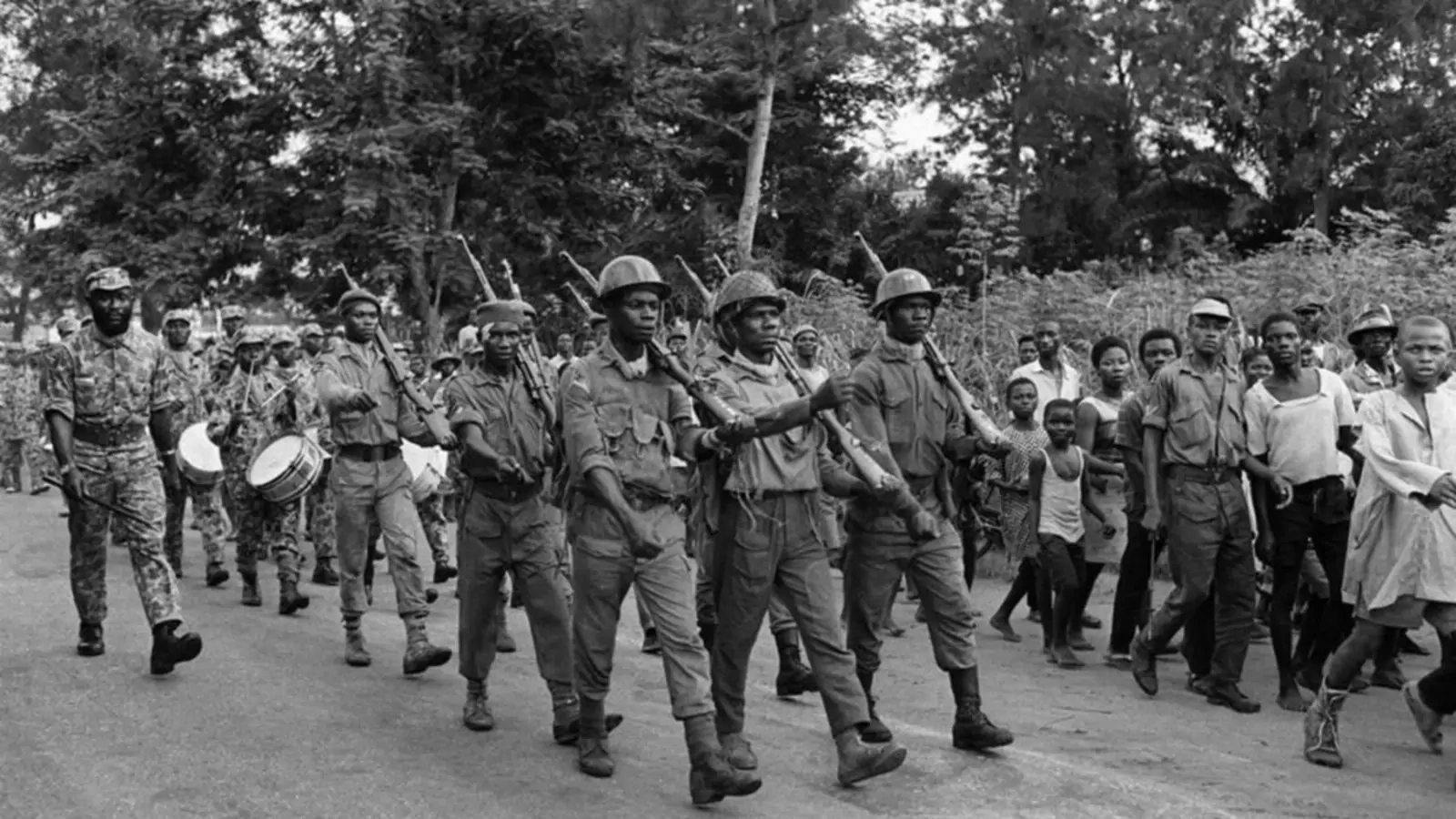 Soldiers fighting for the breakaway Republic of Biafra march during the Nigerian Civil War, fought from 1967 to 1970.
