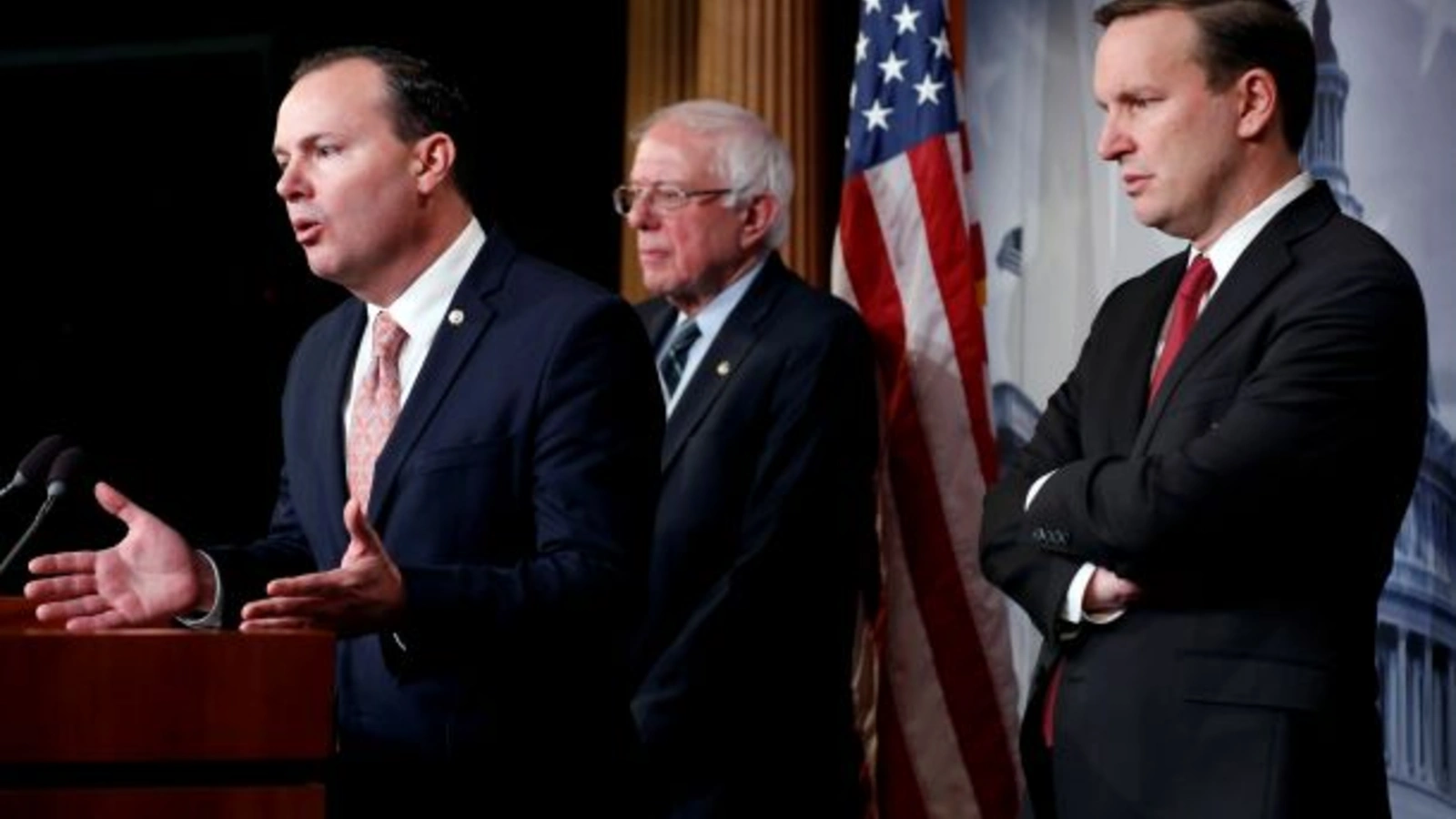 Senators Mike Lee (R-UT), Bernie Sanders (I-VT) and Chris Murphy (D-CT) speak after the senate voted on a resolution ending U.S. military support for the war in Yemen on Capitol Hill in Washington, U.S., December 13, 2018.