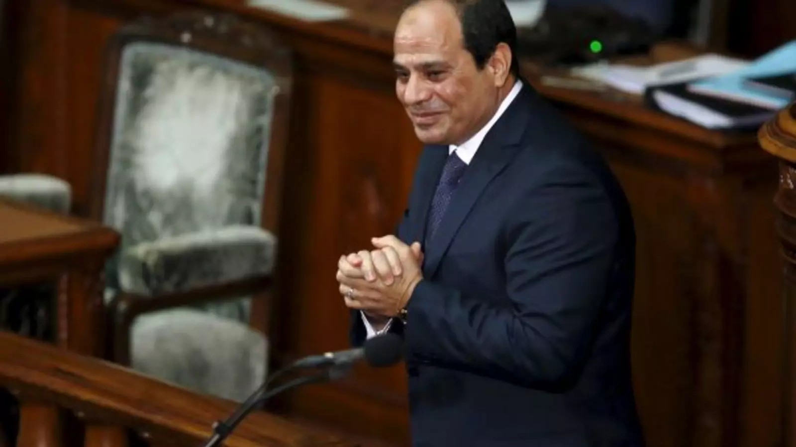 Egypt's President Abdel Fattah al-Sisi reacts after delivering a speech at the Lower House of parliament in Tokyo, Japan, February 29, 2016.