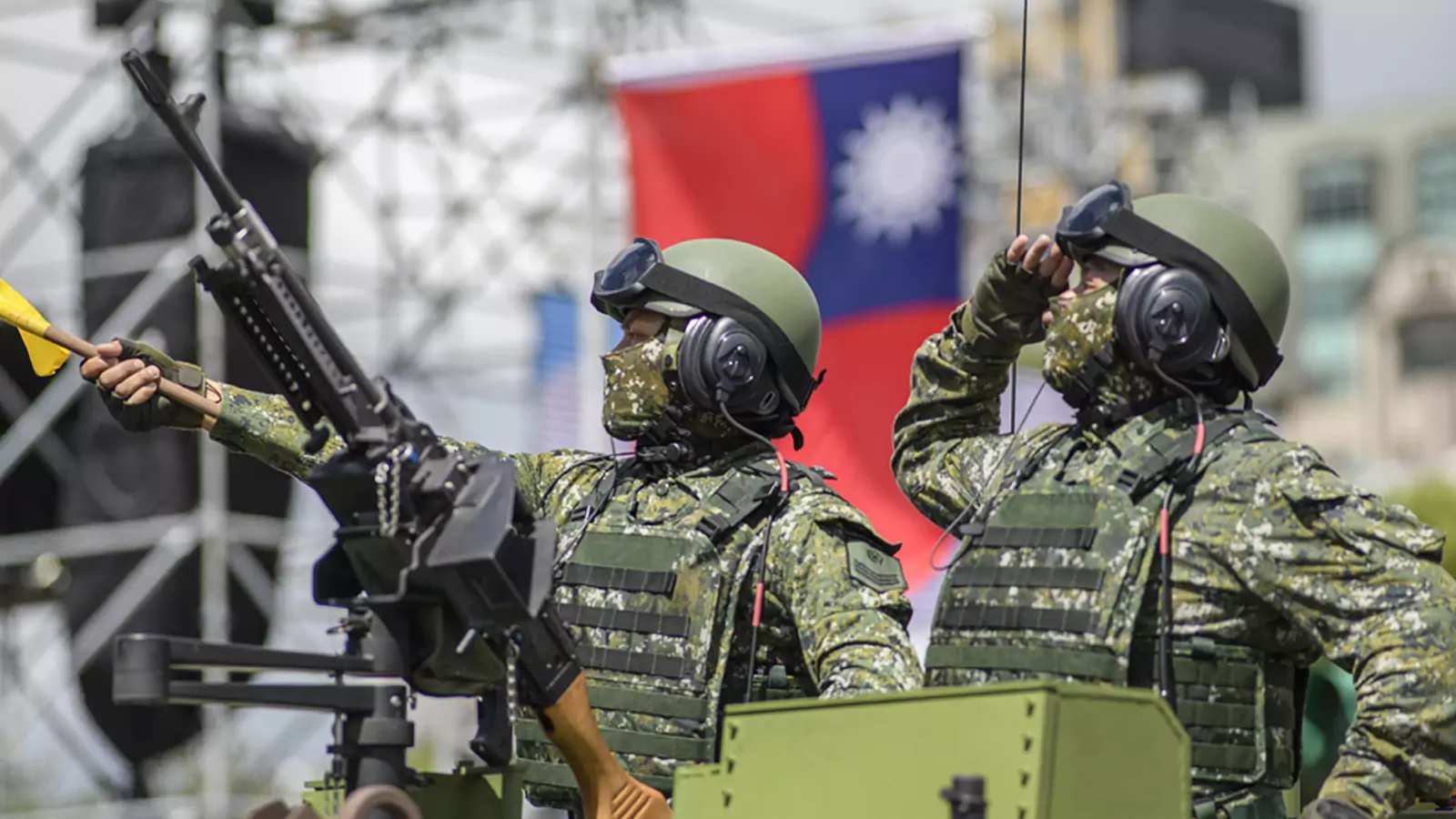 Armored vehicles from Taiwan’s military parade in front of the presidential palace on Taiwan’s 110th birthday. 