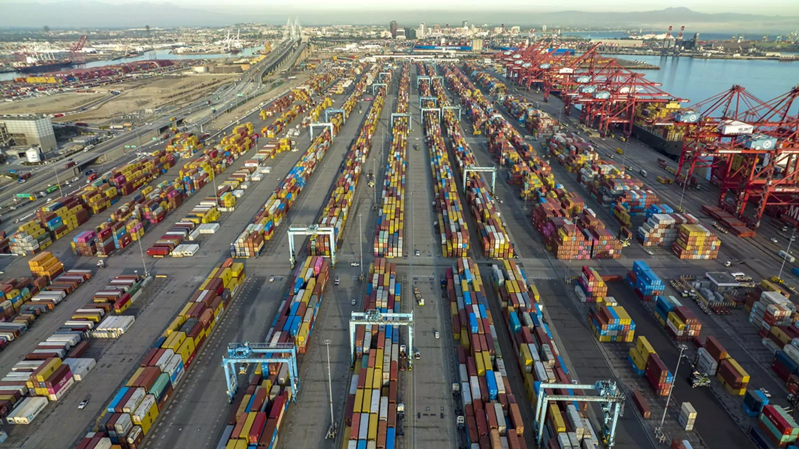 Shipping containers are stacked at the Port of Long Beach, California, in November 2021.
