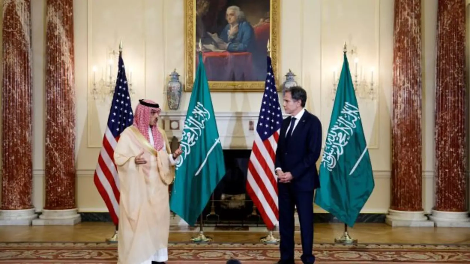 U.S. Secretary of State Antony Blinken and Saudi Arabia's Foreign Minister Faisal bin Farhan Al-Saud deliver remarks to reporters before meeting at the State Department in Washington, U.S., October 14, 2021