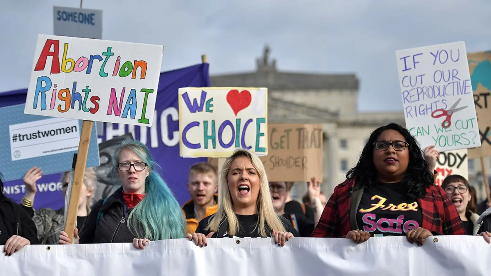 Members of a pro-choice group protest in Belfast, Northern Ireland, in October 2019.