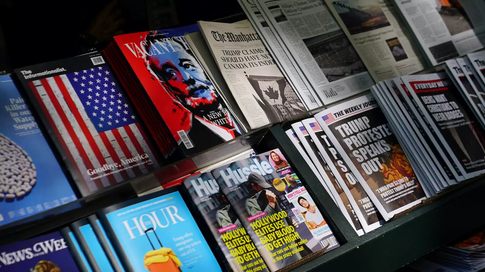 A news stand outfitted with "Fake News" headlines as a stunt pulled off by the Columbia Journalism Review is pictured in the Manhattan borough of New York