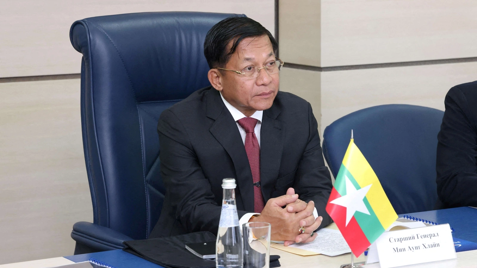 Myanmar's Prime Minister and State Administrative Council Chairman Min Aung Hlaing attends a meeting with Director General of Roscosmos Dmitry Rogozin in Moscow, Russia, on July 12, 2022.