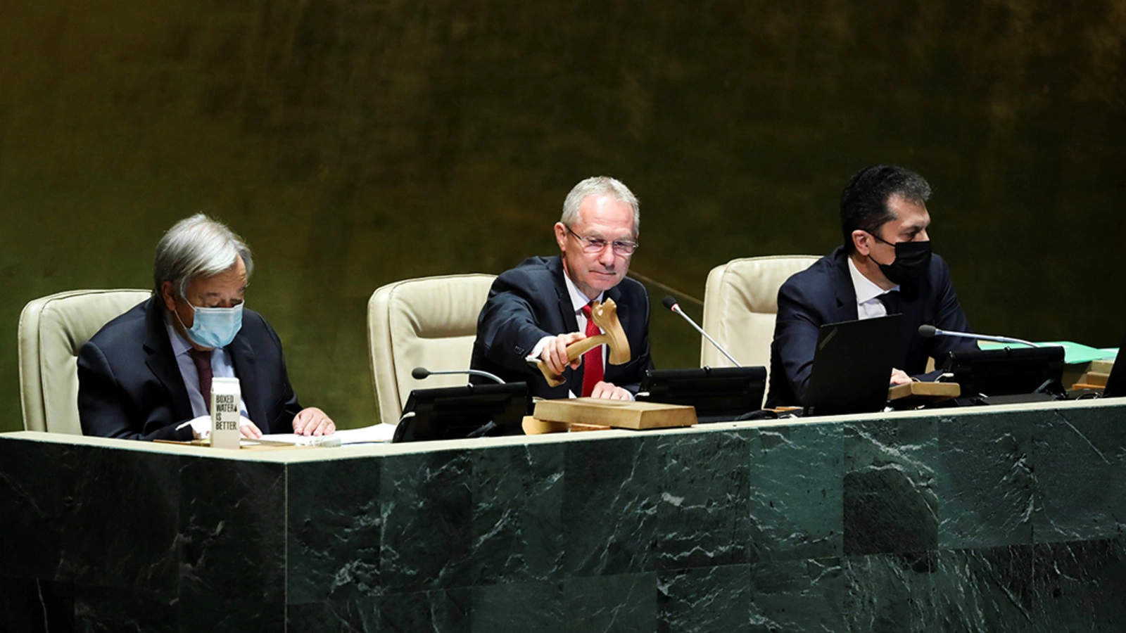 The president of the seventy-seventh UN General Assembly session, Csaba Korosi, opens the event.