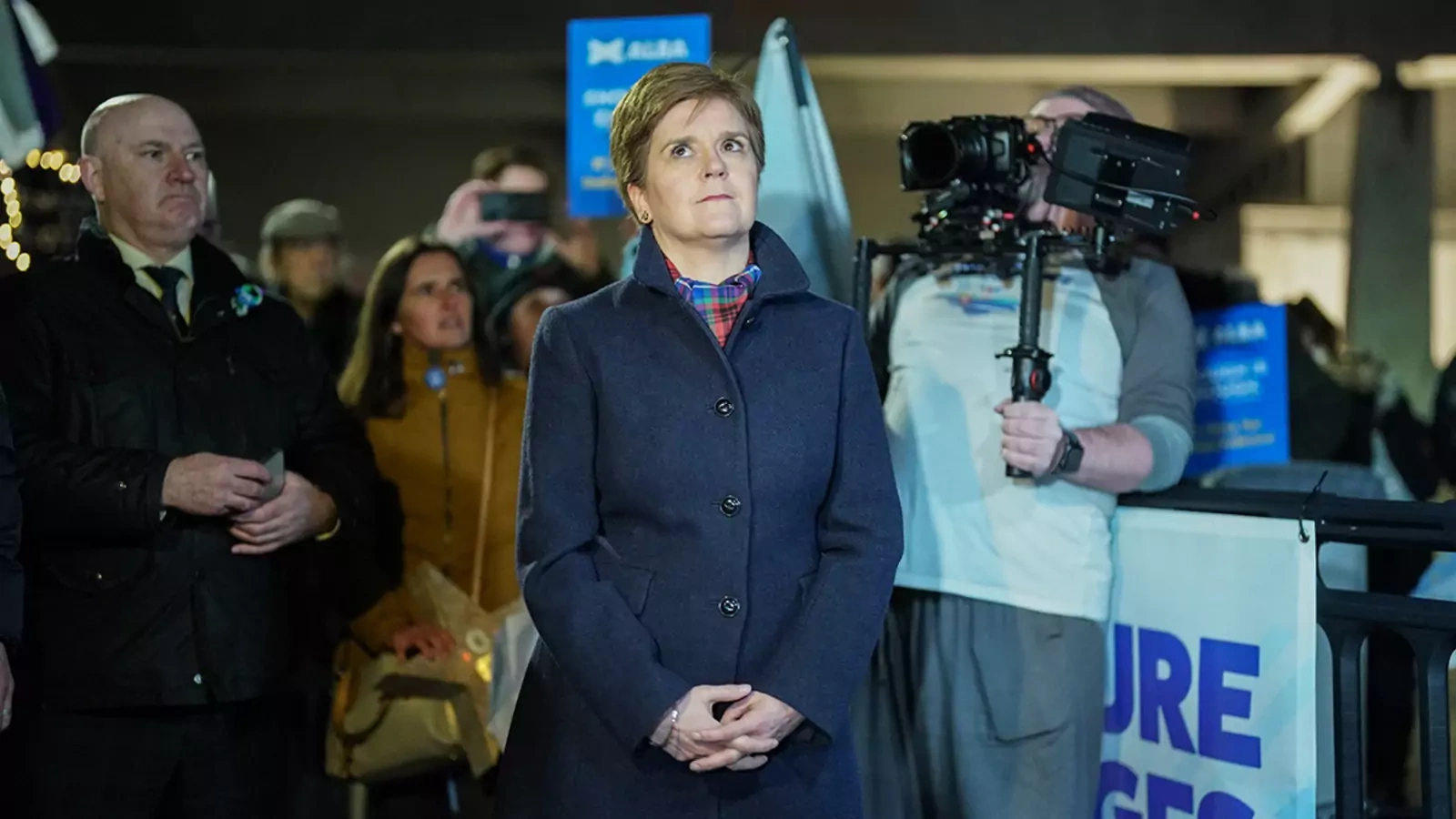 First Minister Nicola Sturgeon, leader of the Scottish National Party, attends a pro-independence demonstration outside Holyrood, the Scottish Parliament, on November 23, 2022.