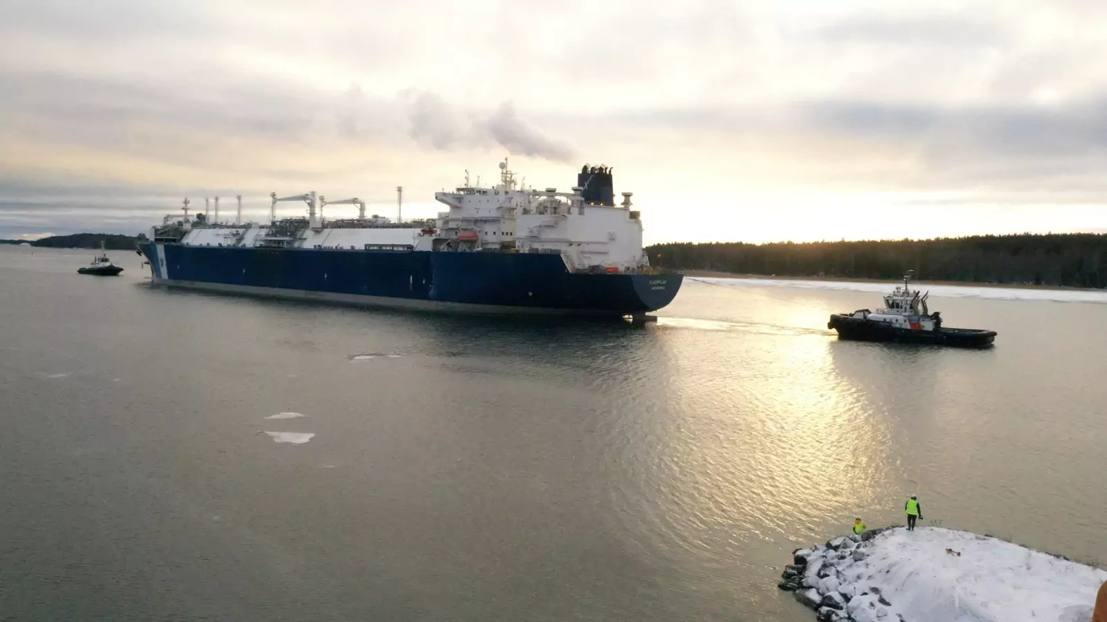 FSRU Exemplar, the floating liquefied natural gas (LNG) terminal, chartered by Finland to replace Russian gas, arrives to the Inkoo port.
