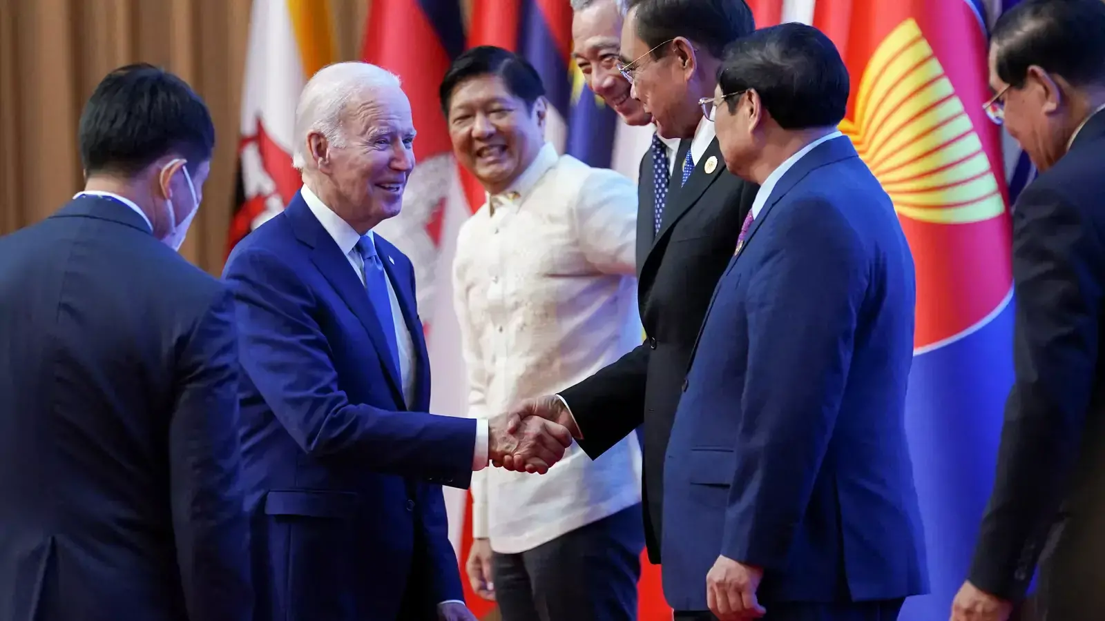 U.S. President Joe Biden greets other leaders during the 2022 ASEAN summit in Phnom Penh, Cambodia, on November 12, 2022.