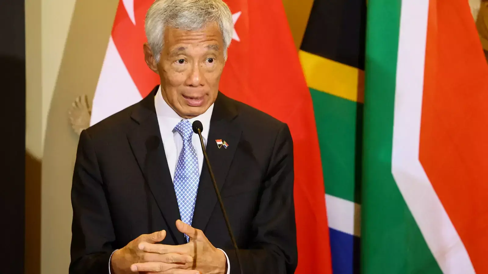 Singapore Prime Minister Lee Hsien Loong attends a media briefing in Cape Town, South Africa, on May 16, 2023.