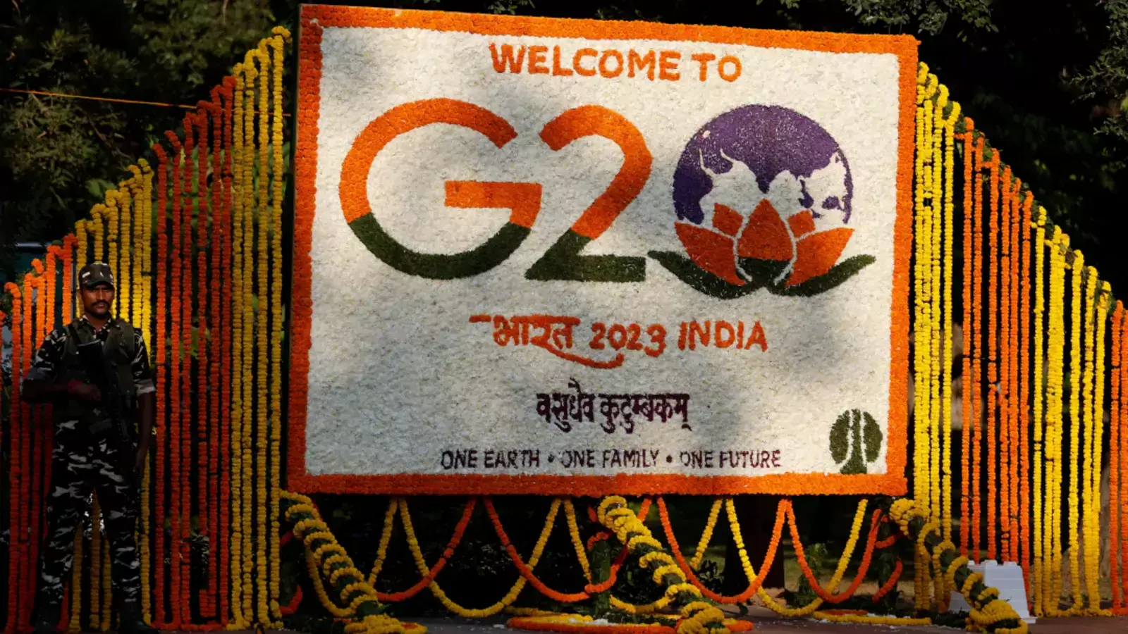 Indian security personnel stands guard ahead of the G20 summit.
