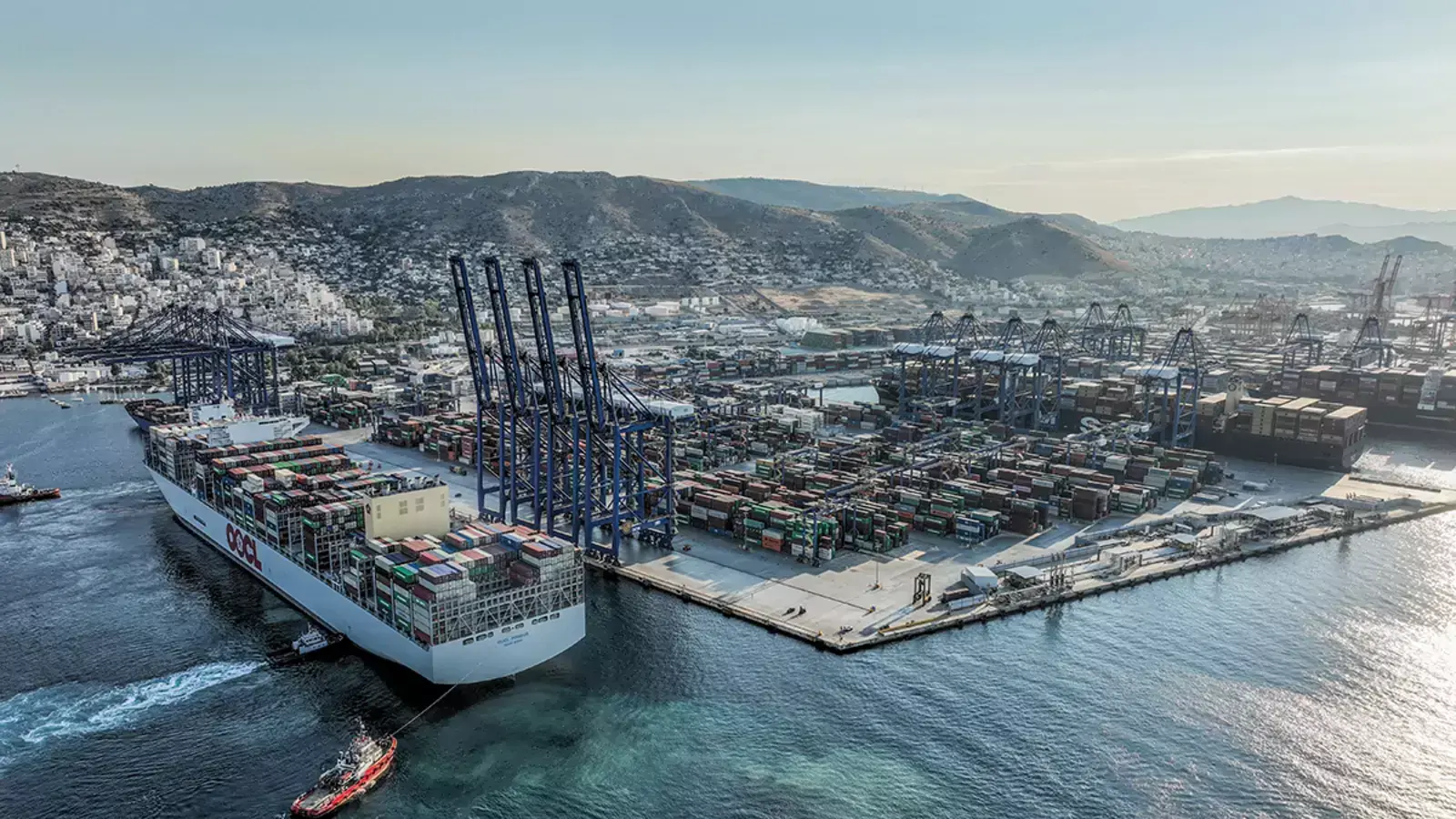 The new container ship, OOCL Piraeus, docks at the Port of Piraeus in Greece in 2023.