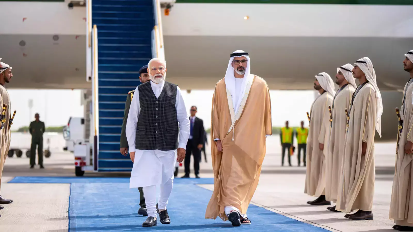 Sheikh Khaled bin Mohamed bin Zayed Al Nahyan, Crown Prince of Abu Dhabi, walks with Indian Prime Minister Narendra Modi during his official visit to Abu Dhabi on July 15, 2023.