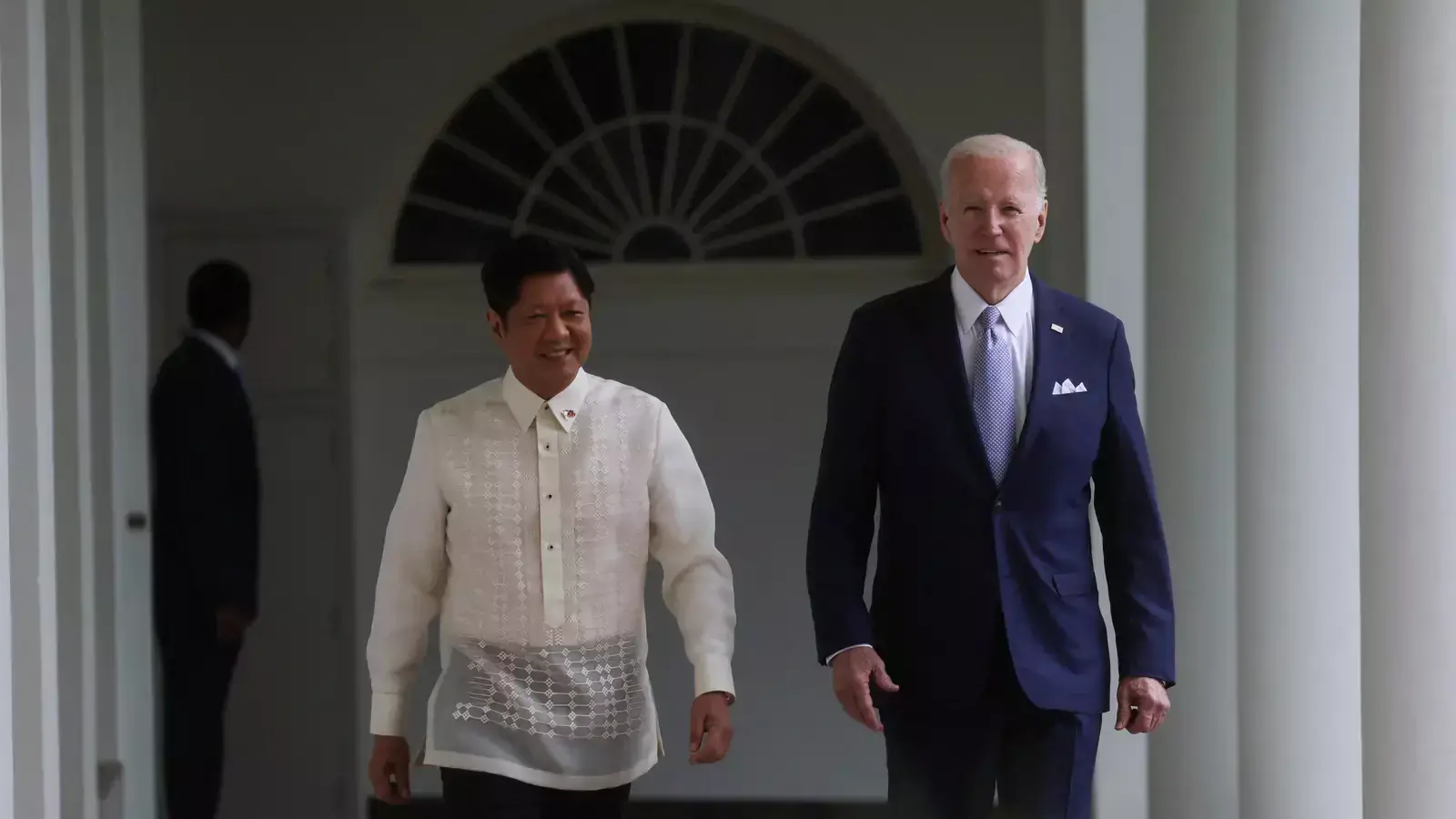 Philippine President Ferdinand Marcos Jr. and U.S. President Joe Biden walk up the West Wing colonnade on their way to the Oval Office at the White House in Washington on May 1, 2023.