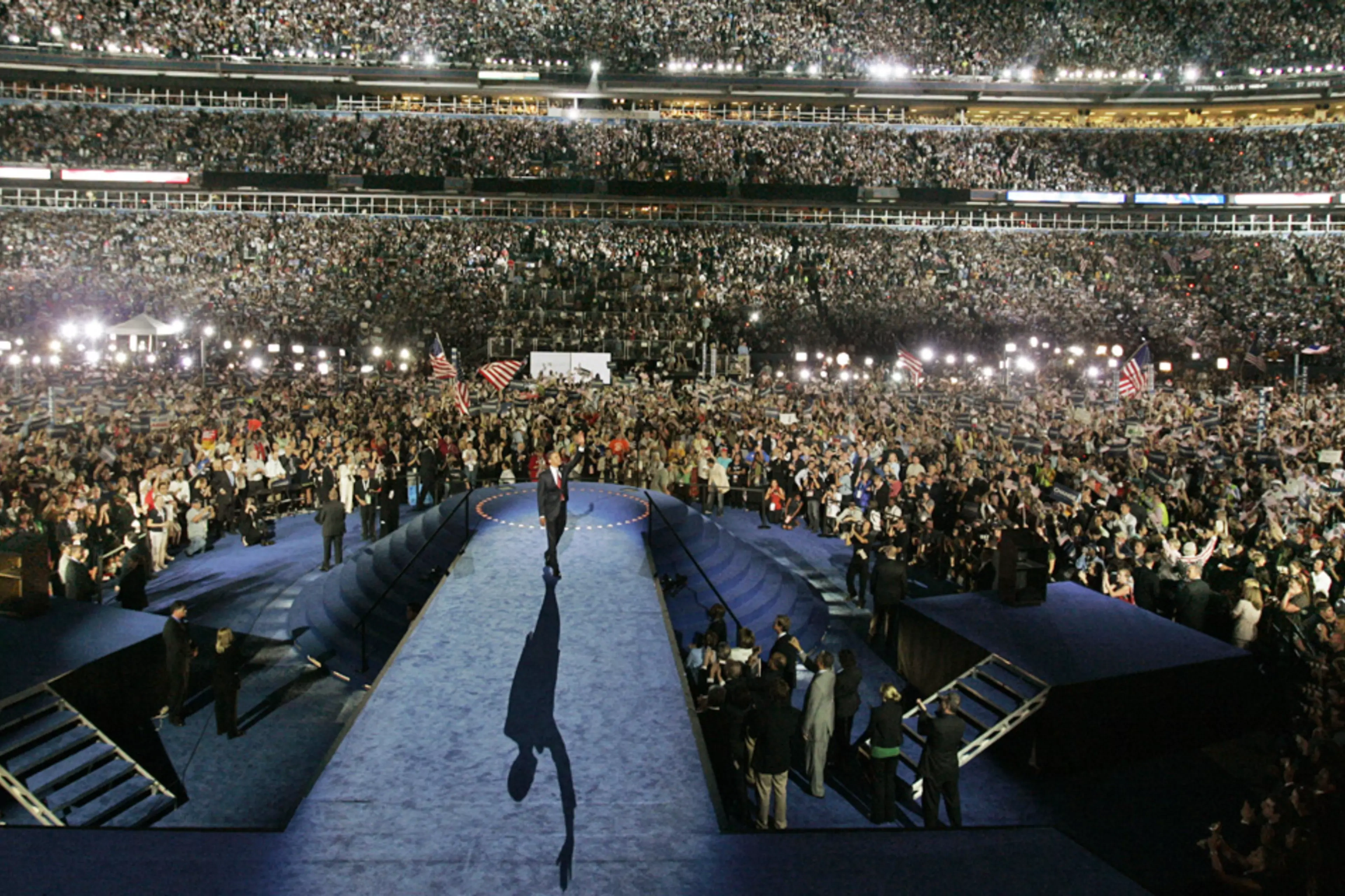 Sen. Barack Obama waves to the crowd at the 2008 Democratic National Convention.