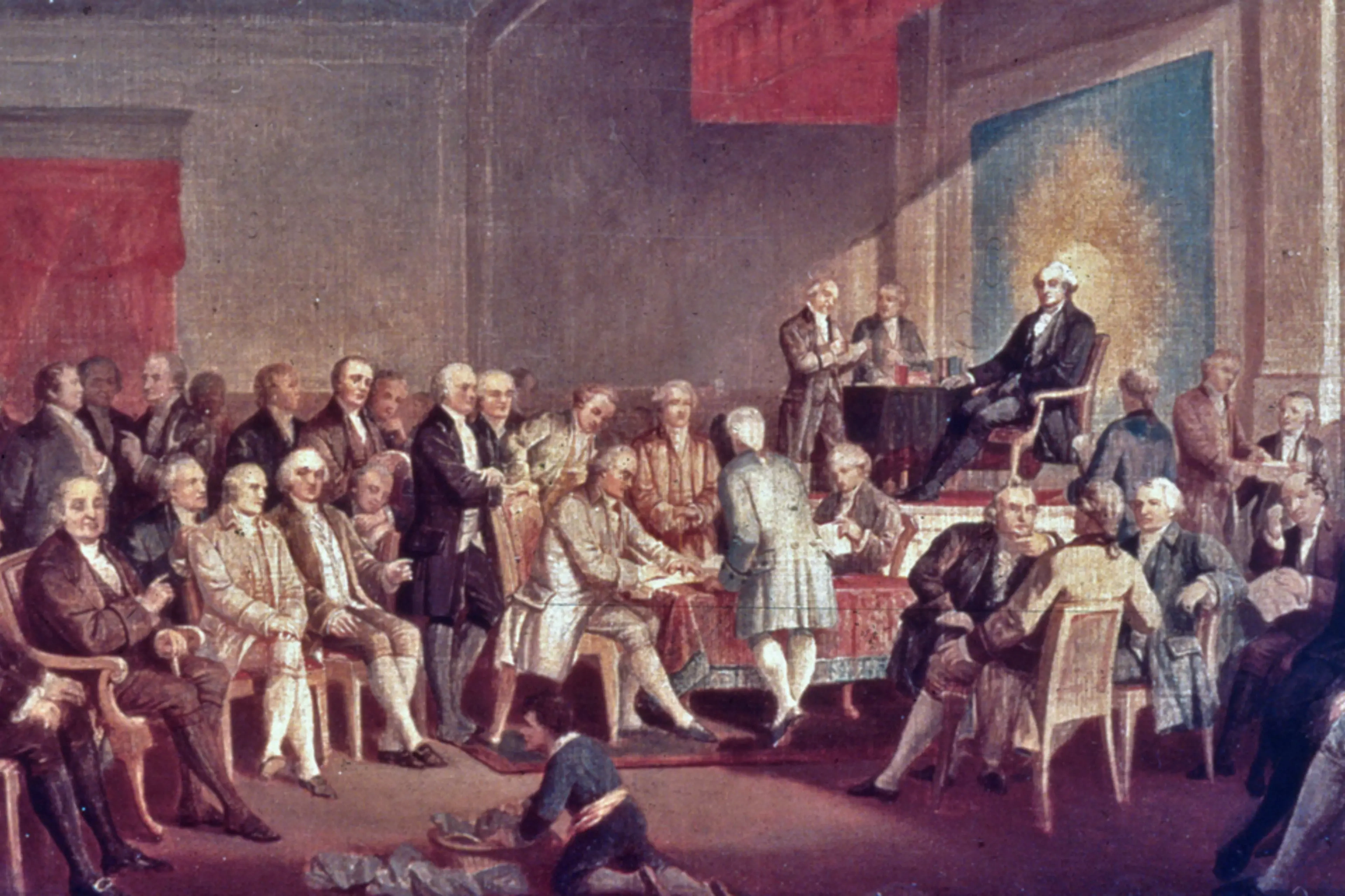 Signing the Constitution of the United States, by Thomas Pritchard Rossiter, was painted in 1878. (Photo by MPI/Getty)