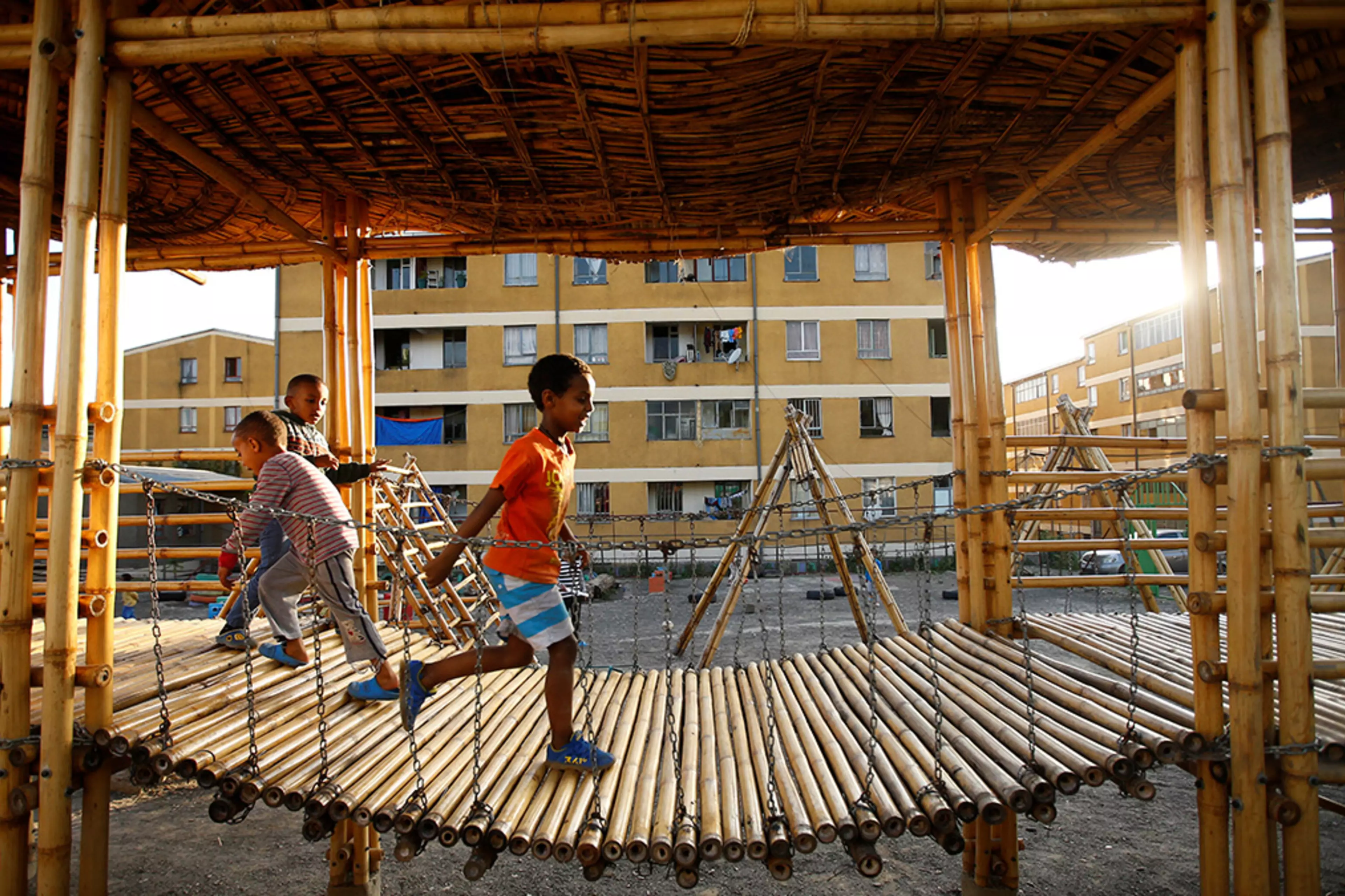 Children play within the Balderas condominium in Addis Ababa.