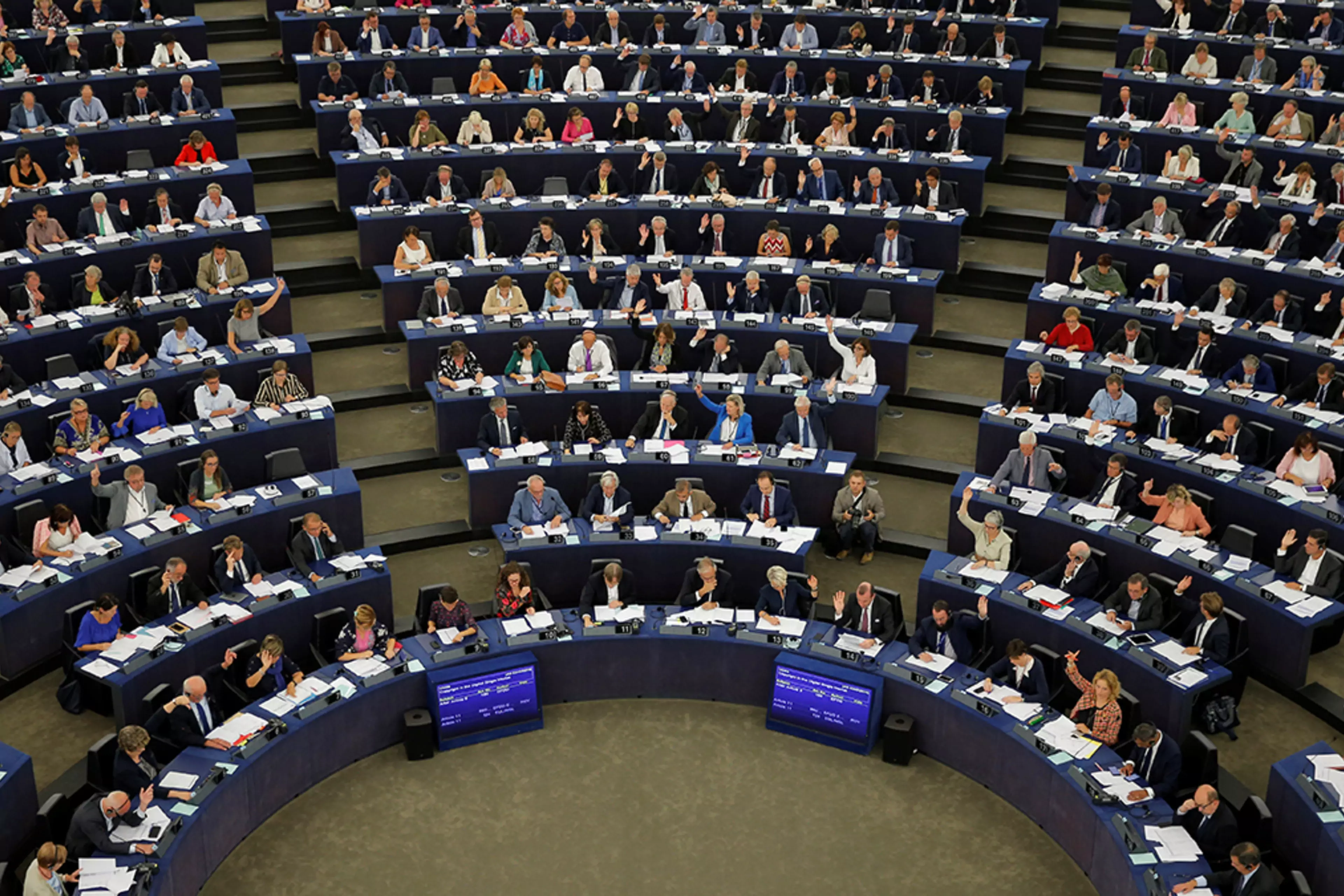 Members of the European Parliament during a voting session at the parliament's seat in France.