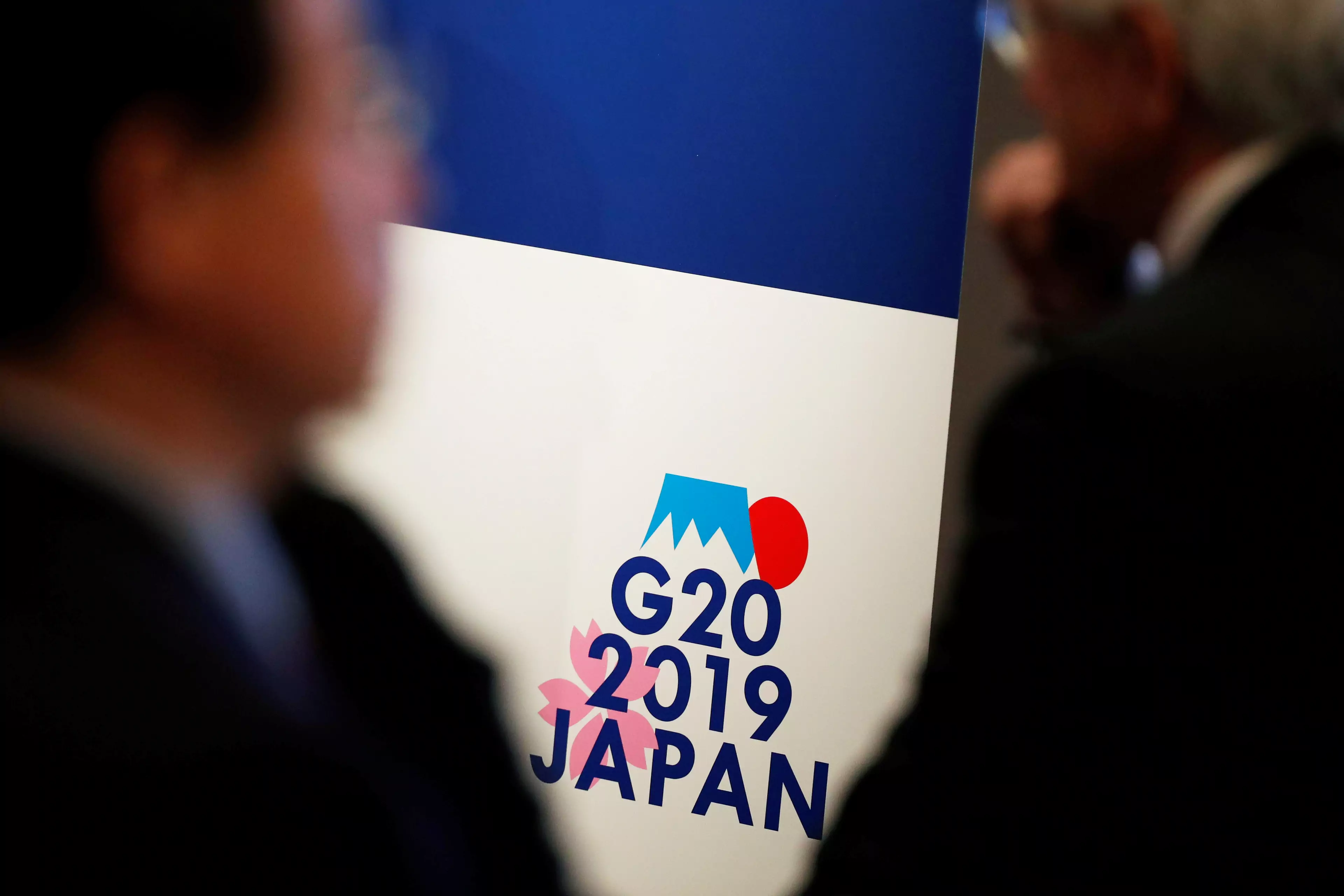 The 2019 G20 logo is displayed at the G20 Finance and Central Bank Deputies Meeting in Tokyo.