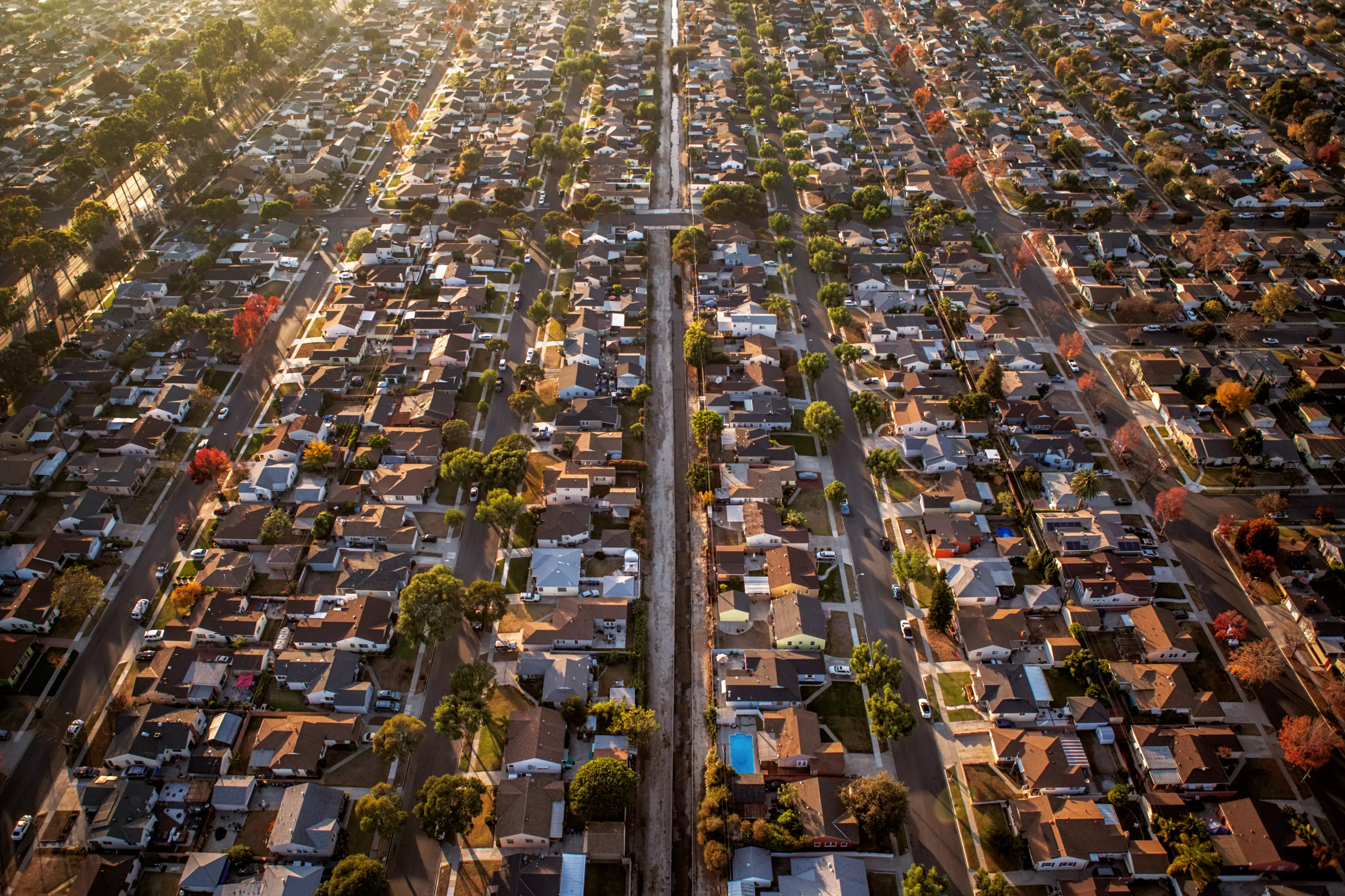 An aerial view of a Los Angeles neighborhood in the evening.