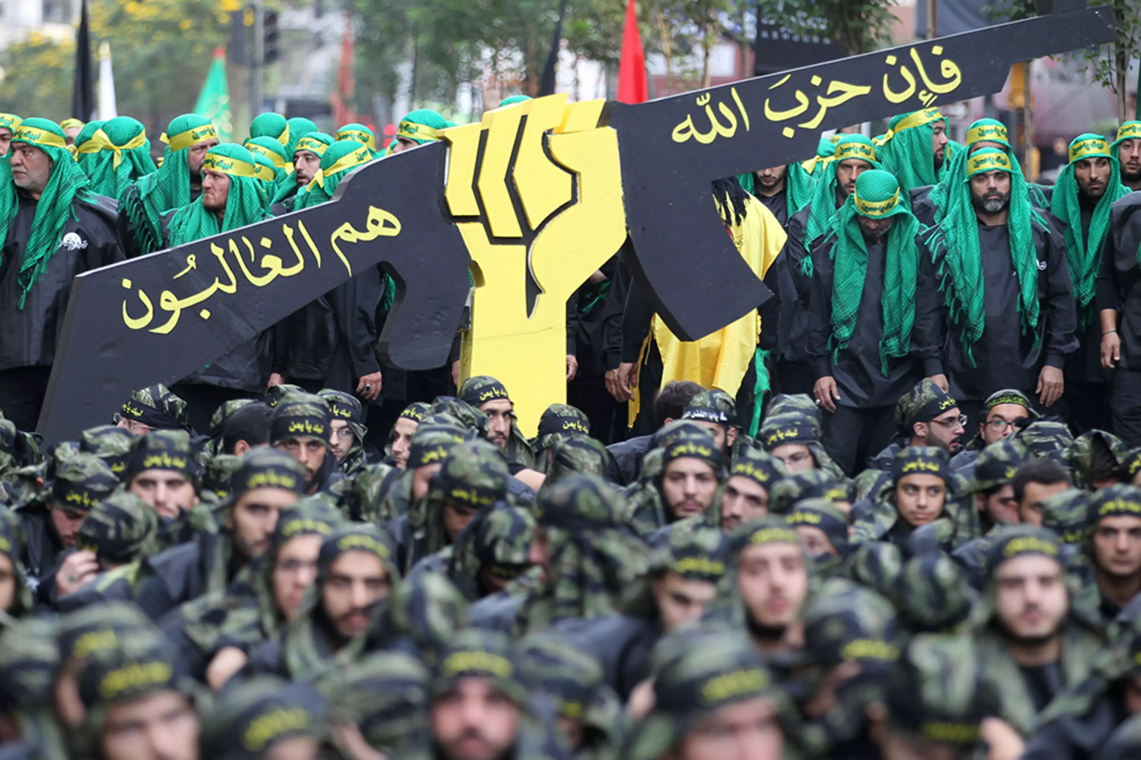 Members of Lebanon’s Hezbollah take part in Ashura commemorations in a southern Beirut suburb.