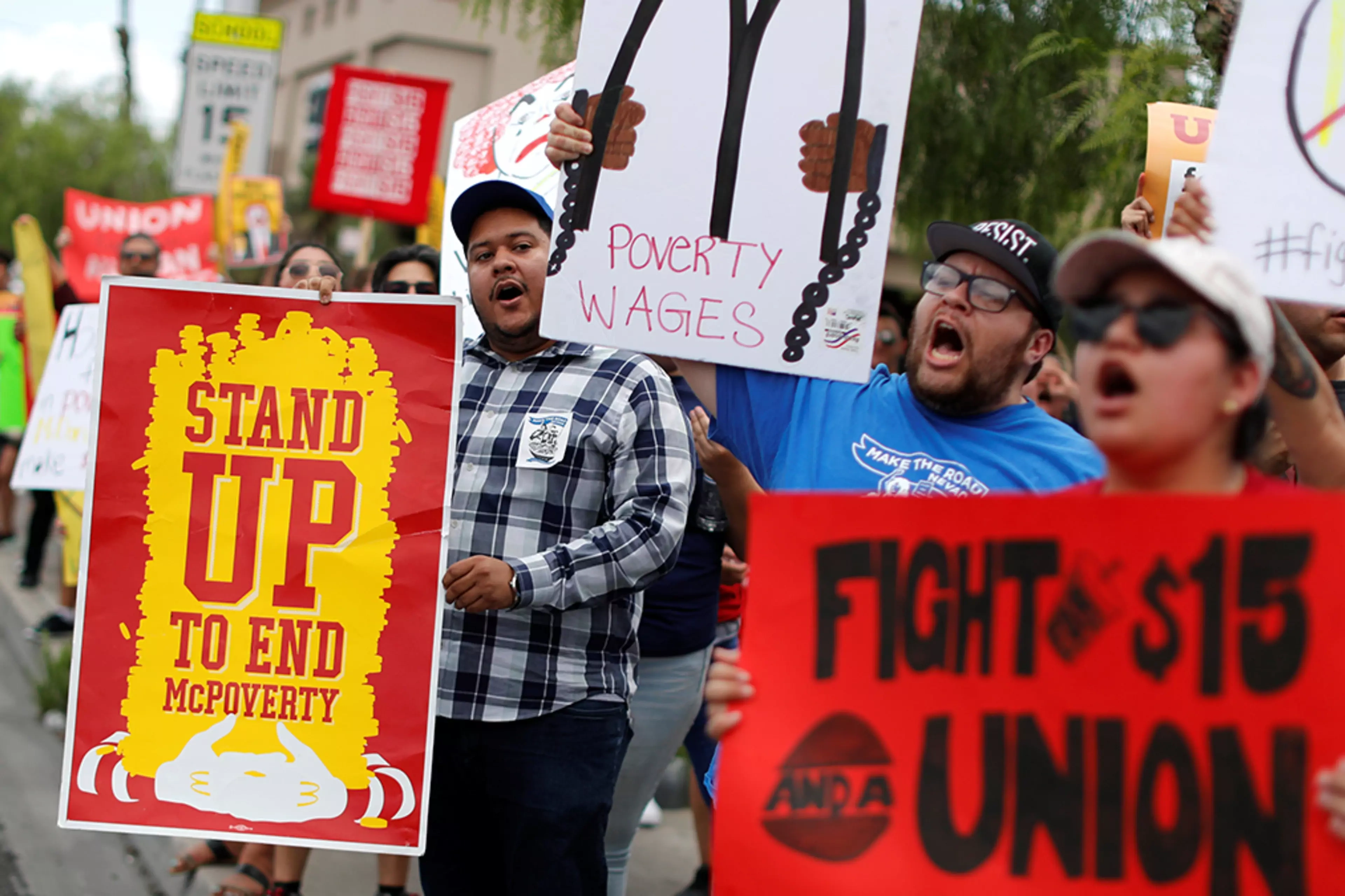 Striking McDonald’s workers demanding a $15 minimum wage demonstrate in Las Vegas, Nevada.