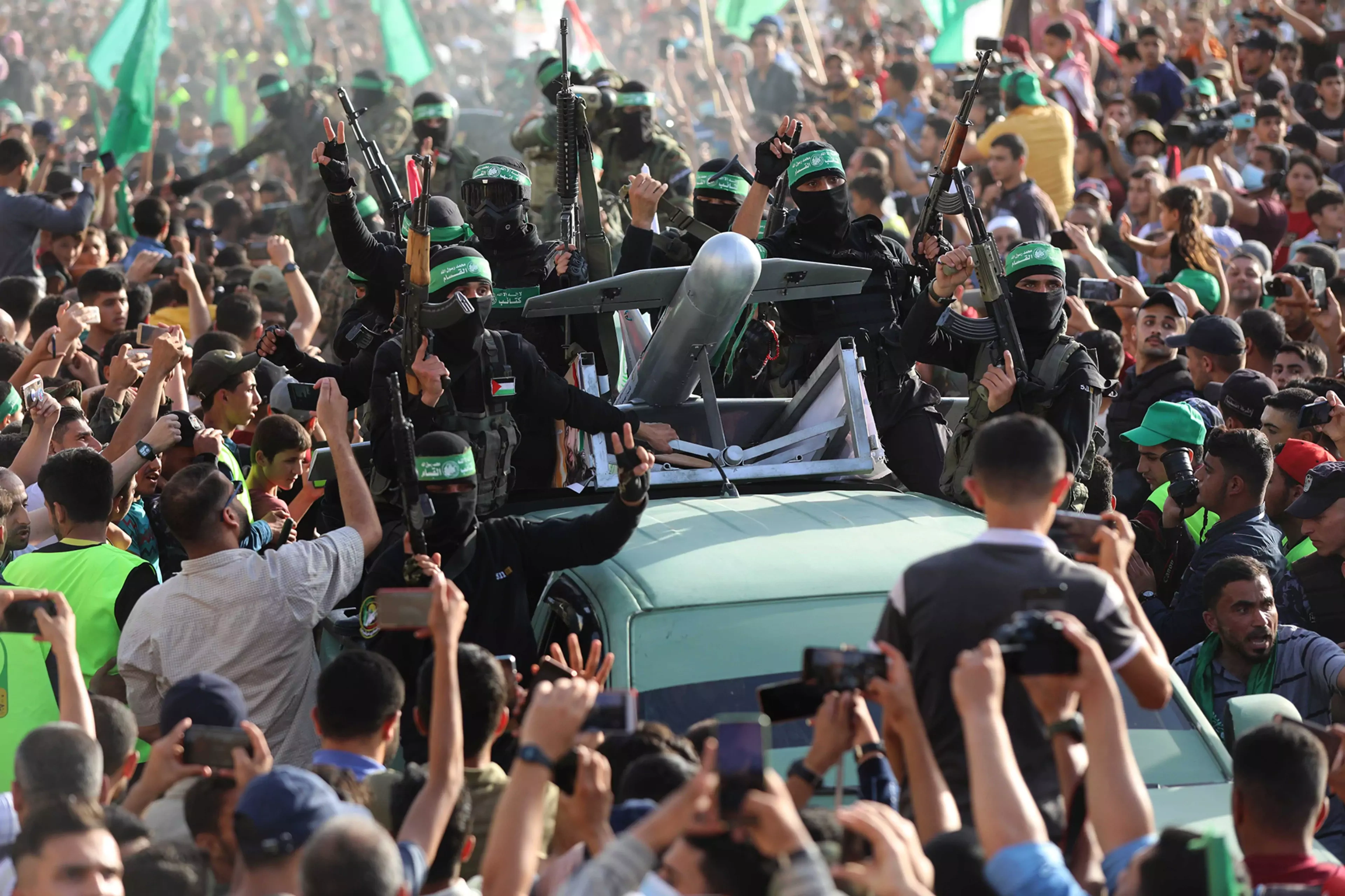 A parade for the Izz ad-Din al-Qassam Brigades, Hamas’s militant arm, is held in Gaza.