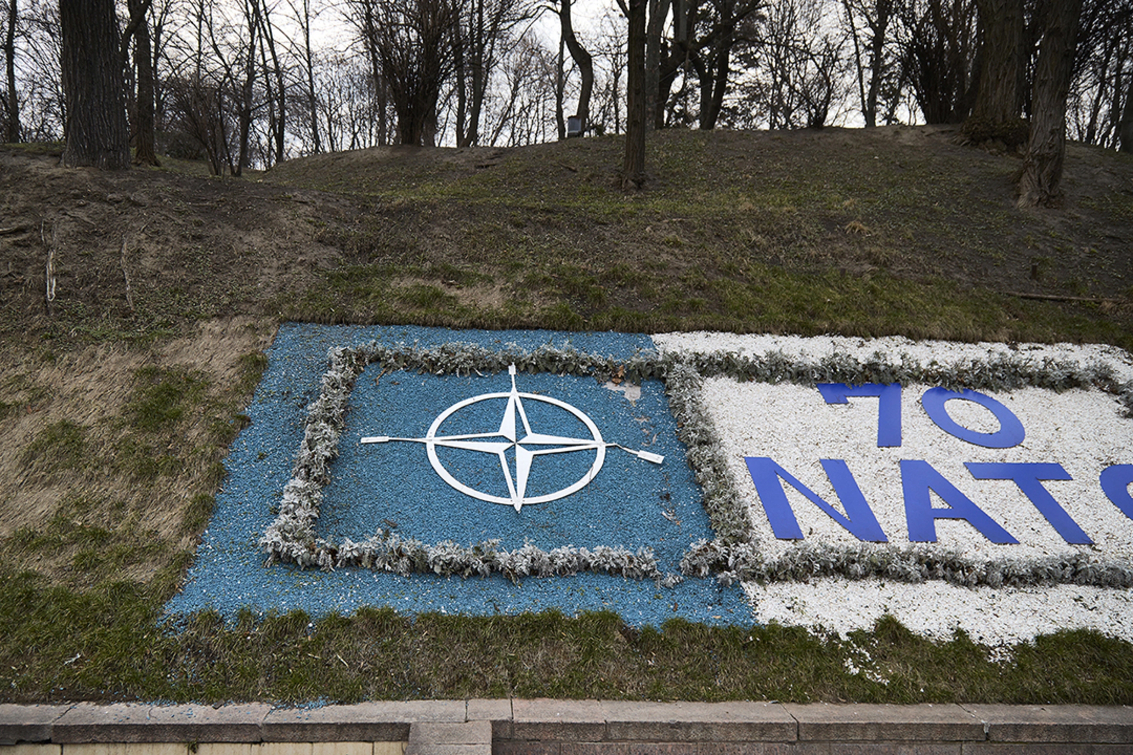 A NATO sign marks the seventieth anniversary of the Atlantic alliance in Kyiv, Ukraine. 