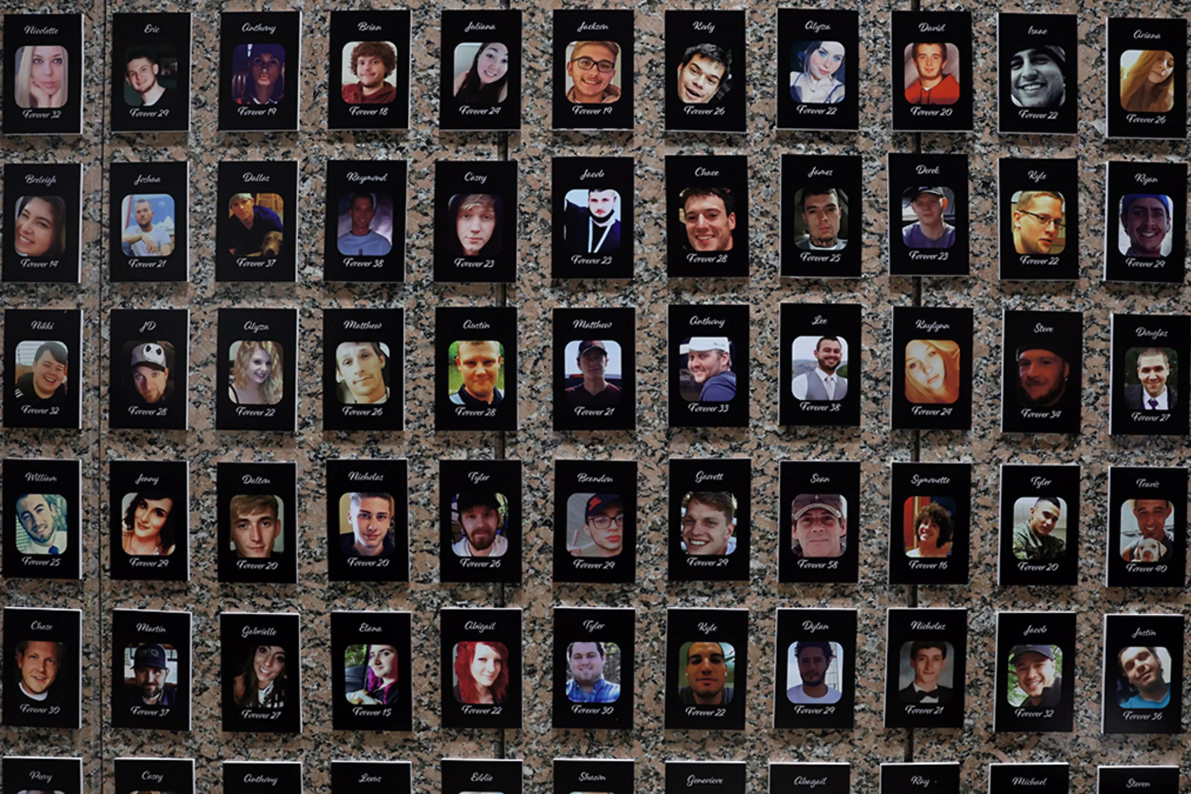 Photos of fentanyl victims shown at the U.S. Drug Enforcement Administration headquarters. 
