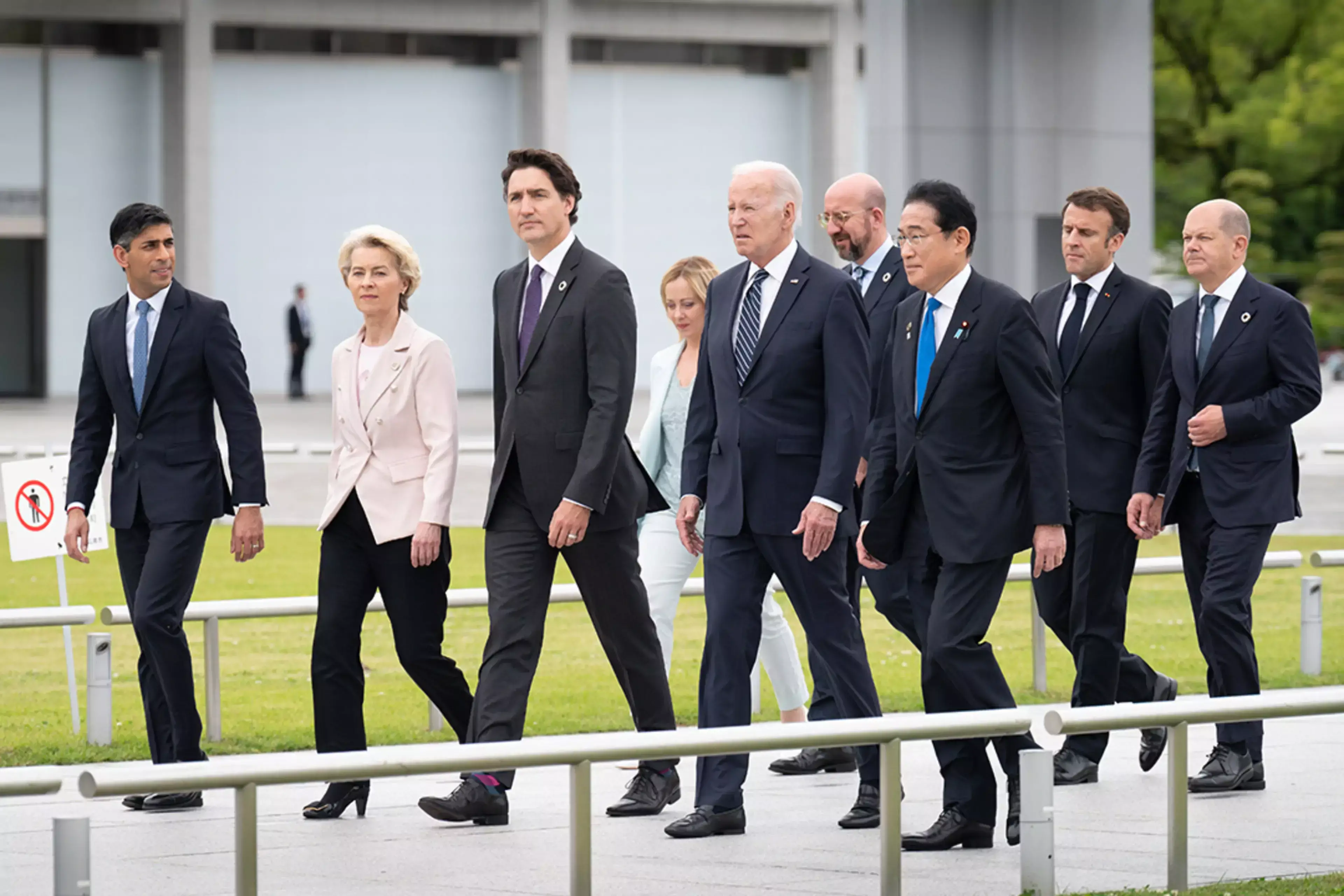 G7 leaders walk alongside one another at the 2023 summit in Hiroshima, Japan.