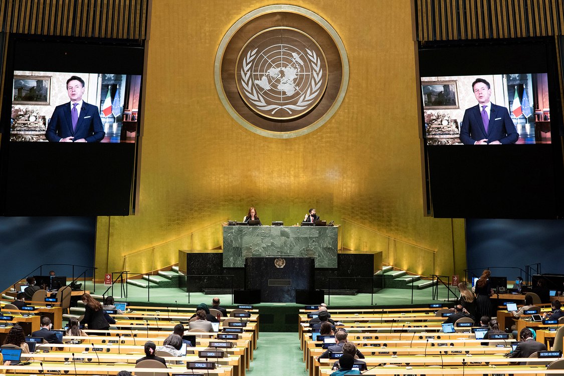 Giuseppe Conte, Prime Minister of Italy speaks virtually during the 75th annual U.N. General Assembly